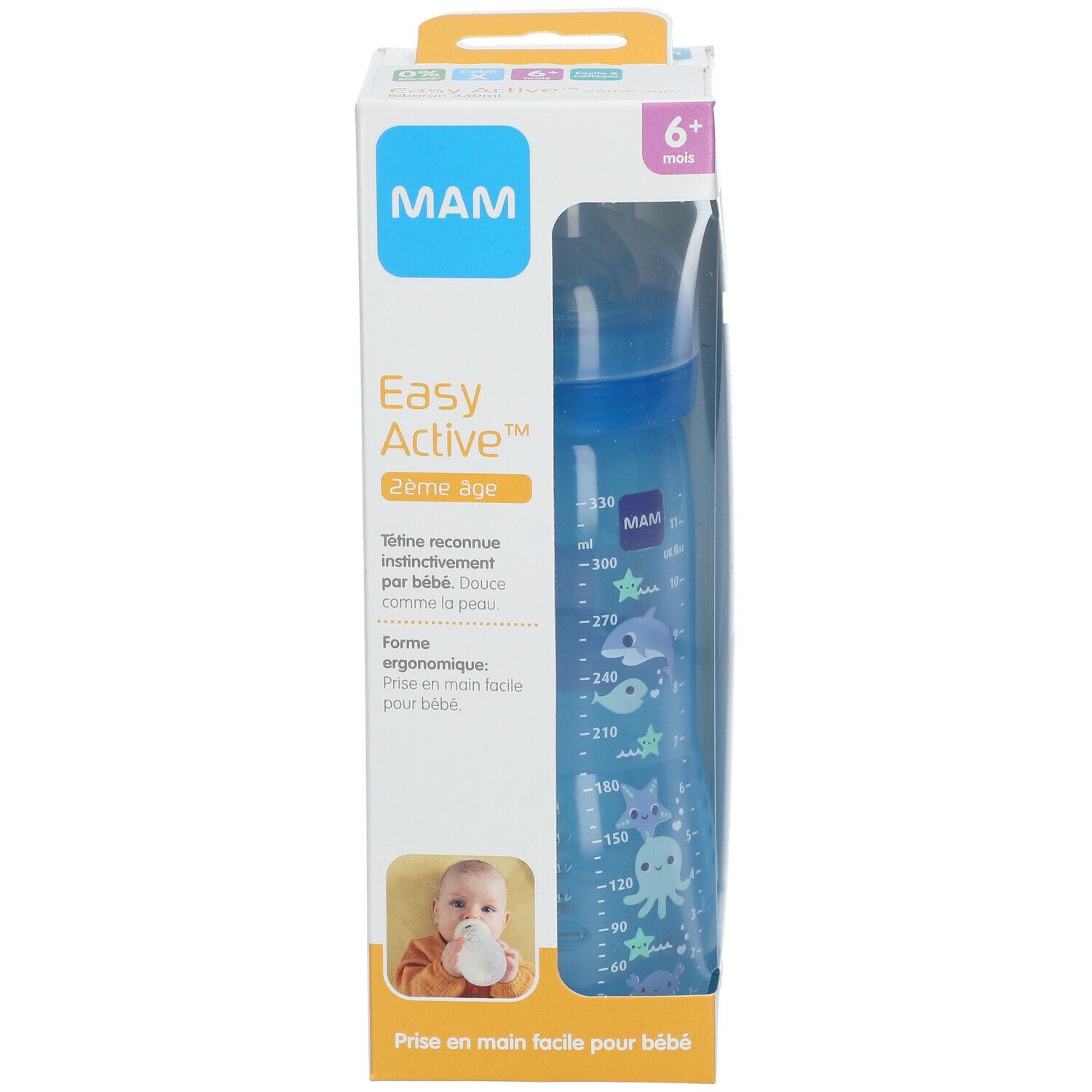 MAM Easy Start™ Anti-Colic babyfles in verpakking. Blauw, met schaalverdeling en dieren. 6+ maanden.