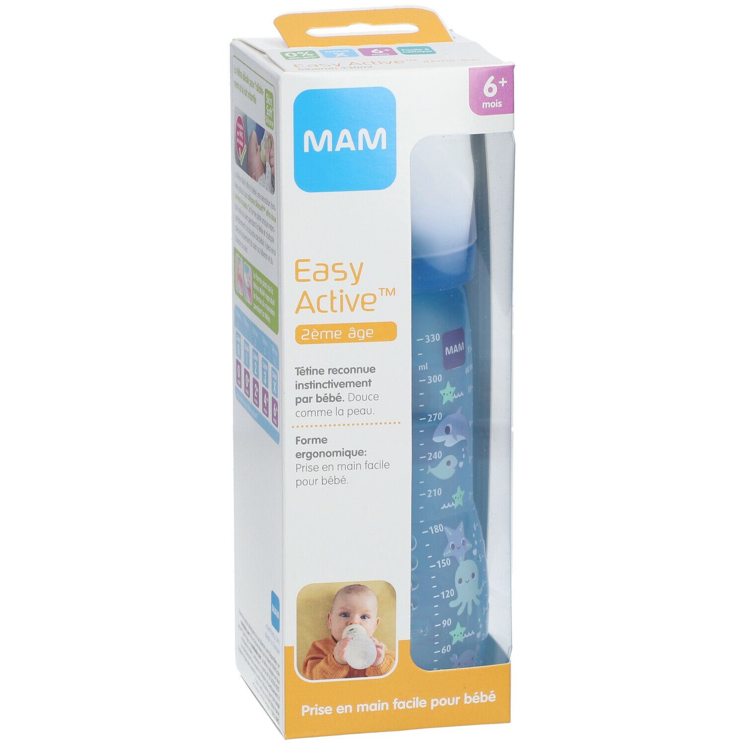 MAM Easy Start™ Anti-Colic babyfles in verpakking. Blauw, met schaalverdeling en dieren. 6+ maanden.
