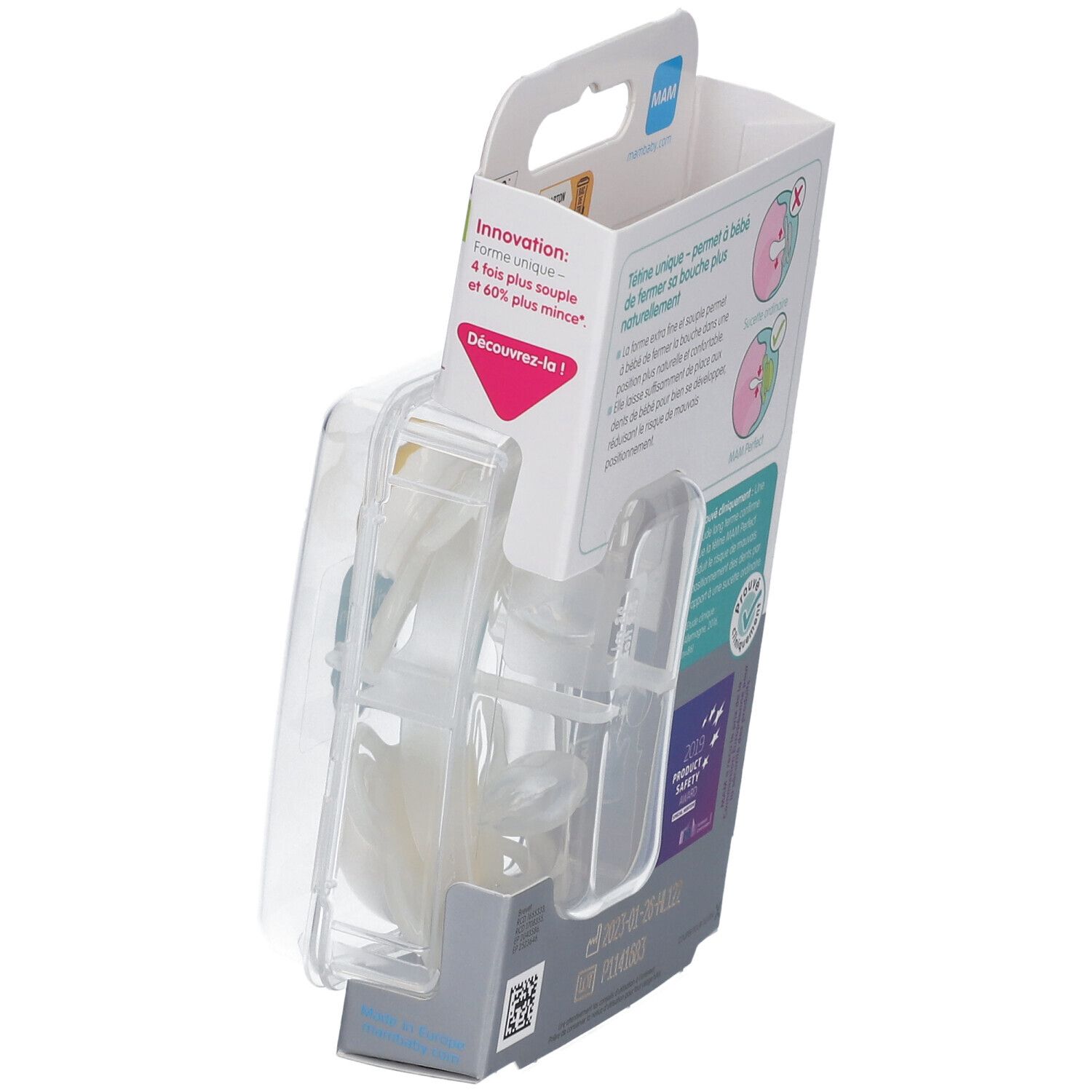 MAM Perfect Naissance-fopspeenverpakking. 0-2 maanden. BPA/BPS-vrij. Met sterilisatiebox. Schuine weergave.