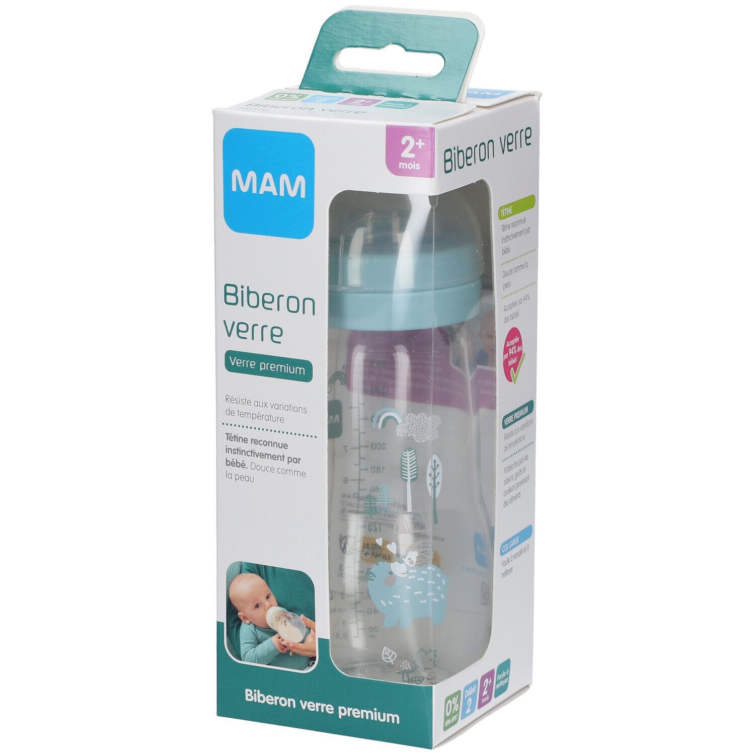 MAM Biberon Verre 1er âge 260 ml bleu