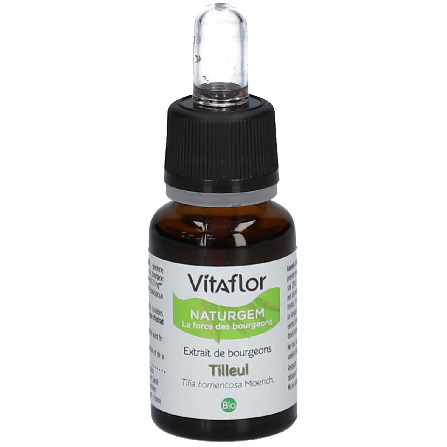 Bruine glazen fles met zwarte dop en pipet. Vitaflor NATURGEM Tilleul Bio.