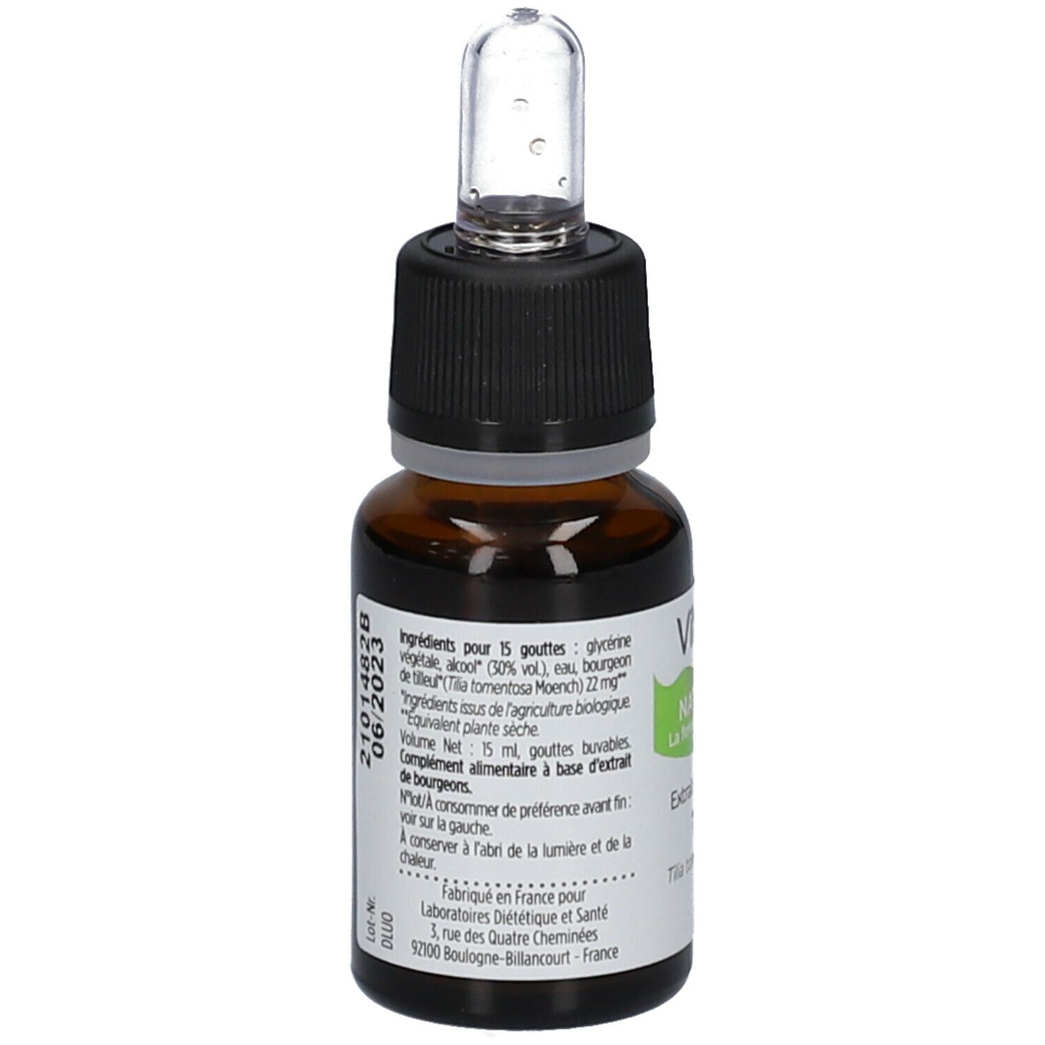 Achterkant van de bruine glazen fles. Ingrediëntenlijst en informatie. Vitaflor NATURGEM Tilleul Bio.