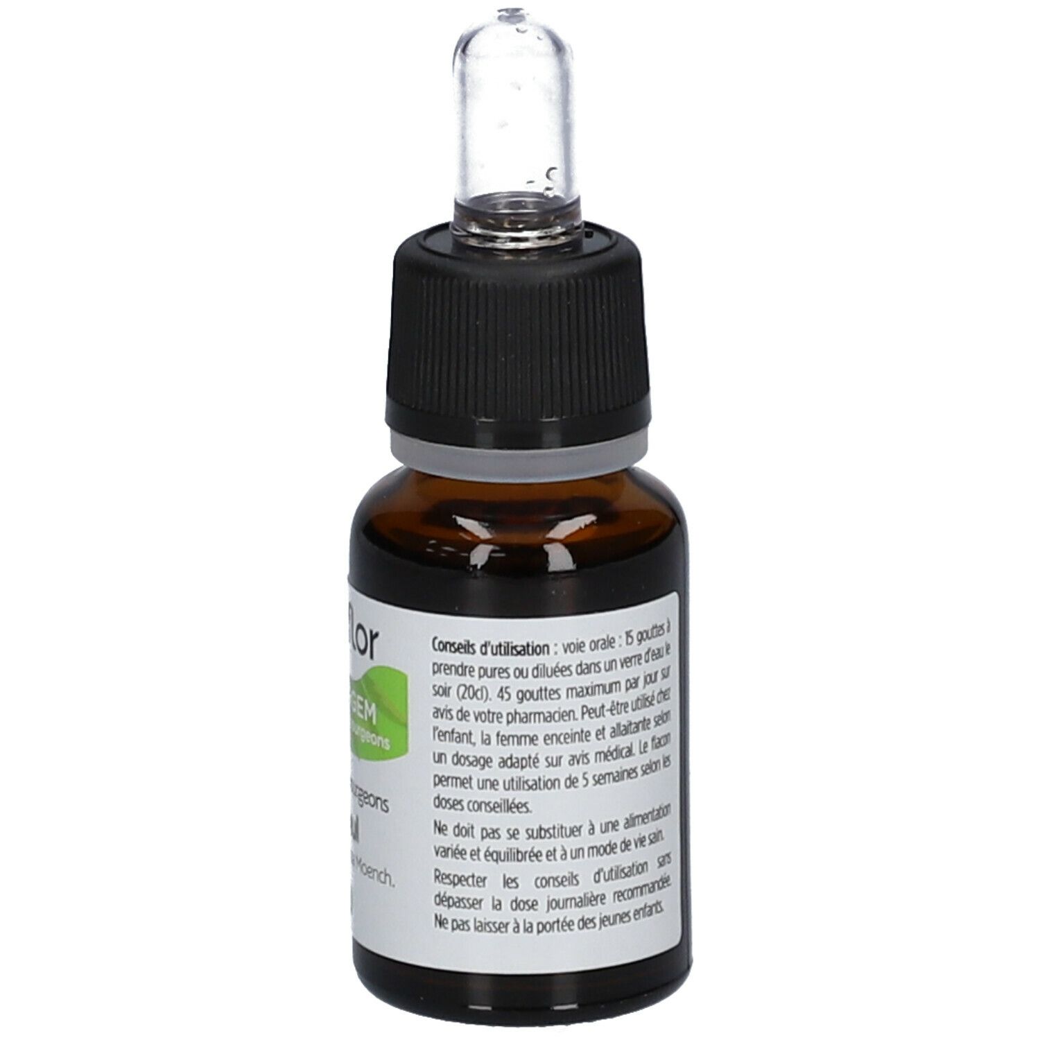 Achterkant van de bruine glazen fles. Gebruiksaanwijzing. Vitaflor NATURGEM Tilleul Bio.