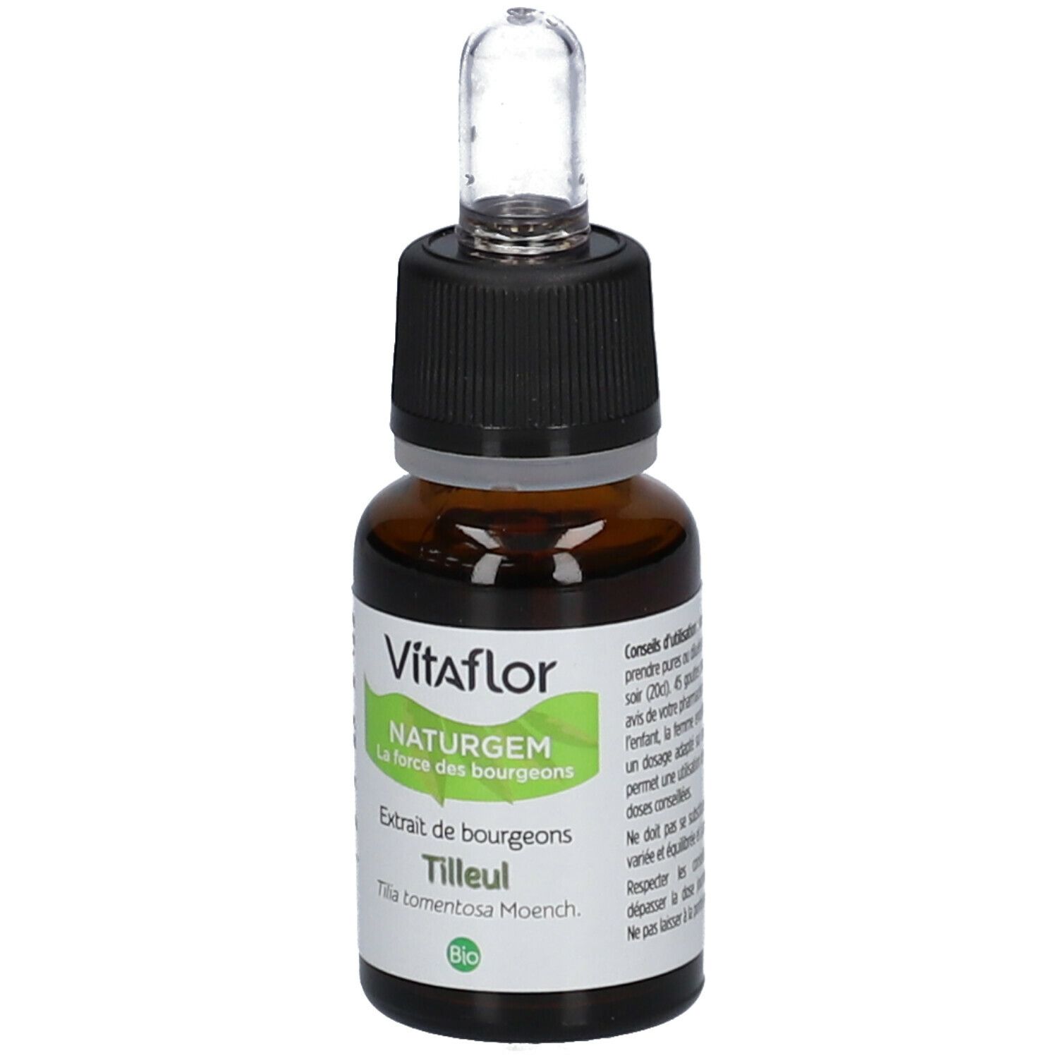 Bruine glazen fles met zwarte dop en pipet. Vitaflor NATURGEM Tilleul Bio.