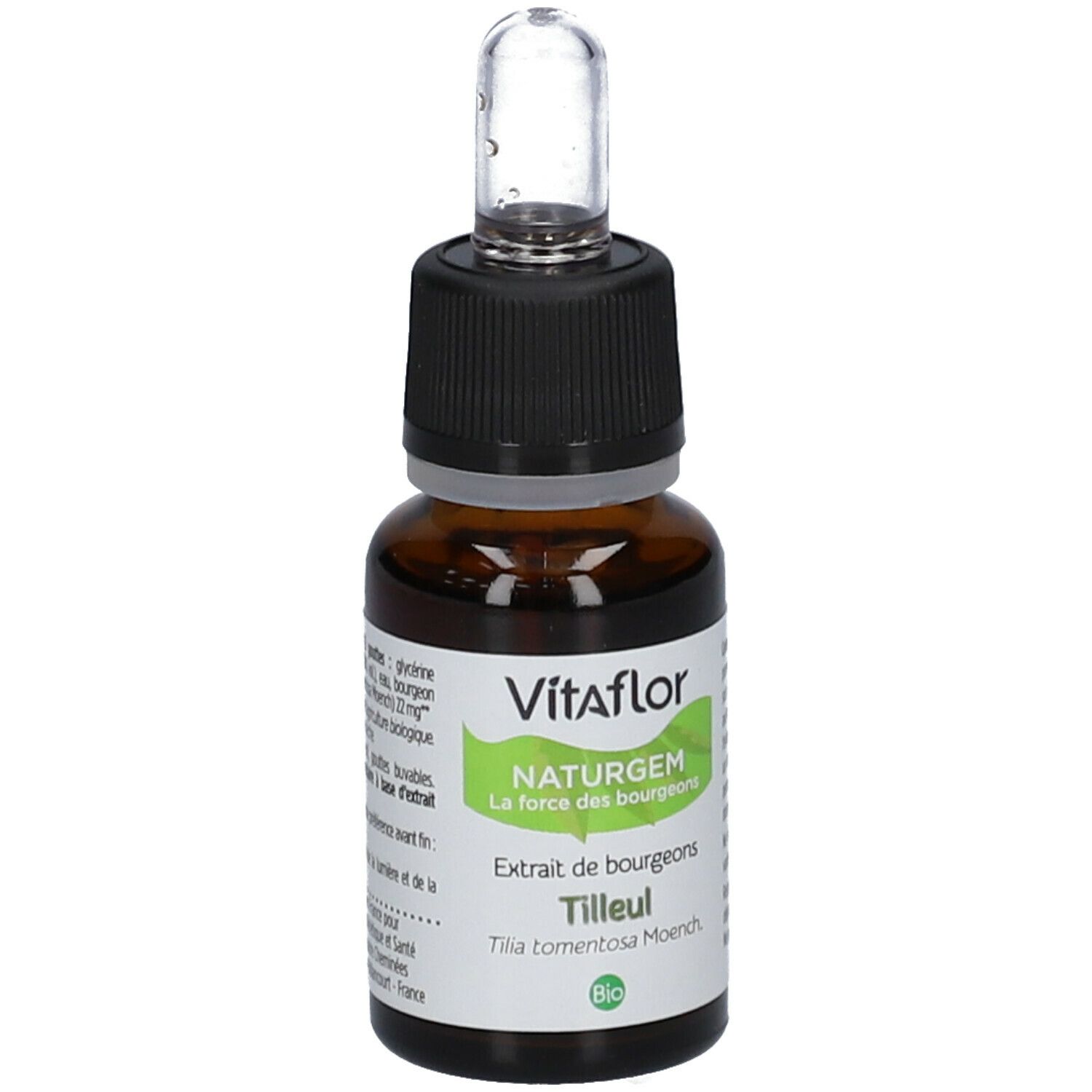 Bruine glazen fles met zwarte dop en pipet. Vitaflor NATURGEM Tilleul Bio.