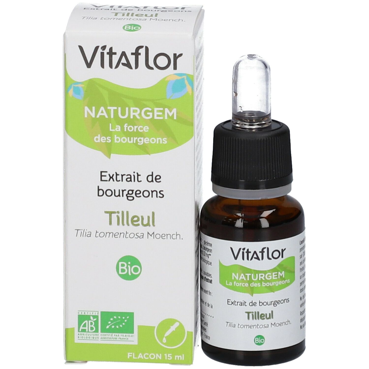 Vitaflor NATURGEM Tilleul Bio fles en verpakking. Fles met pipet.
