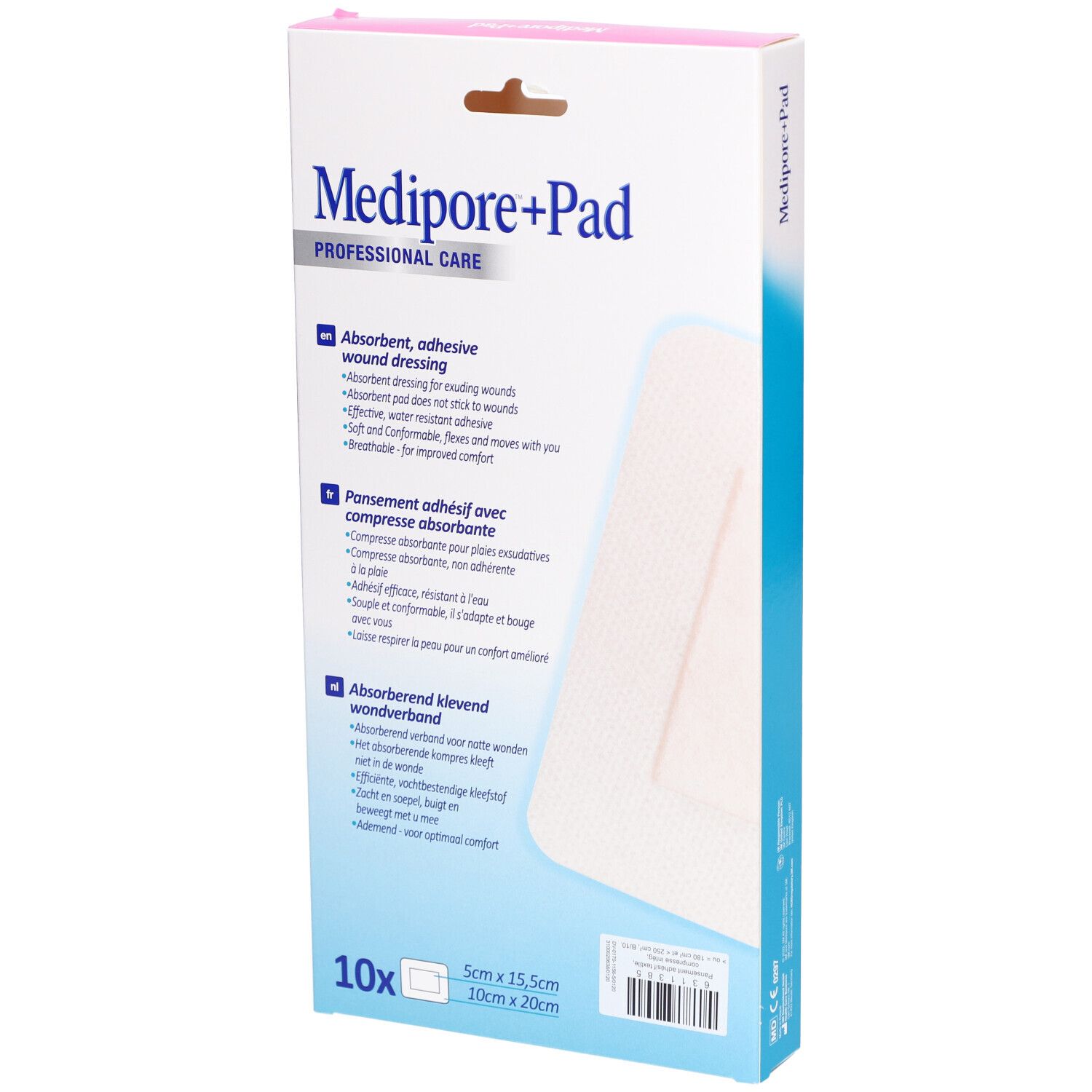 3M Medipore™ + Pad Absorberend verband, steriel, 4-zijdig klevend. 10 cm x 20 cm
