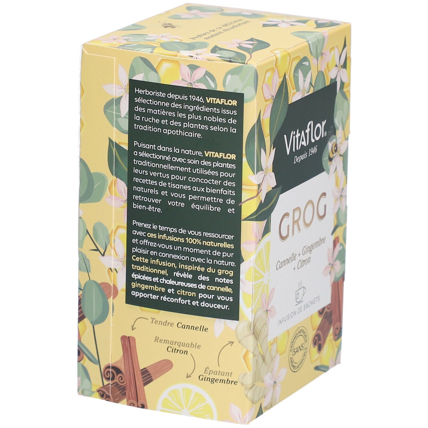 Boîte jaune Vitaflor Grog. Dos avec texte. Cannelle, Gingembre, Citron. 20 sachets. Sans arômes artificiels.