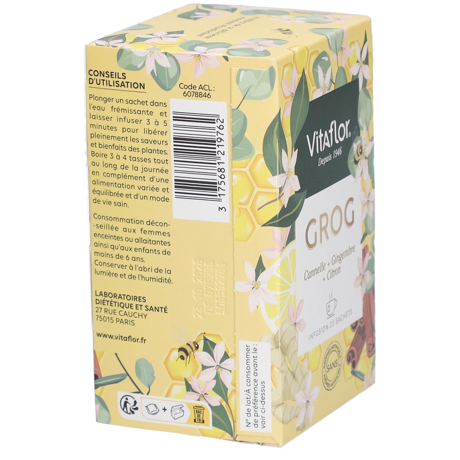 Boîte jaune Vitaflor Grog. Inscriptions : Cannelle, Gingembre, Citron. 20 sachets. Sans arômes artificiels. Dos avec texte.