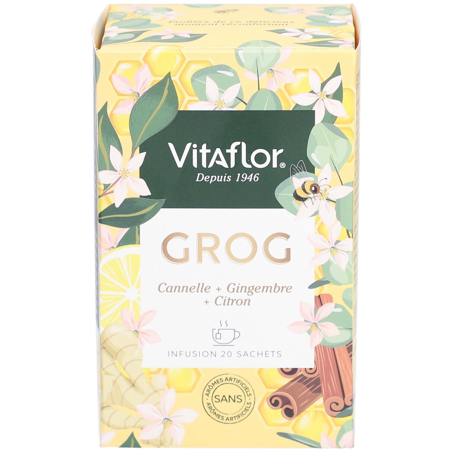 Boîte jaune Vitaflor Grog. Inscriptions : Cannelle, Gingembre, Citron. 20 sachets. Sans arômes artificiels.