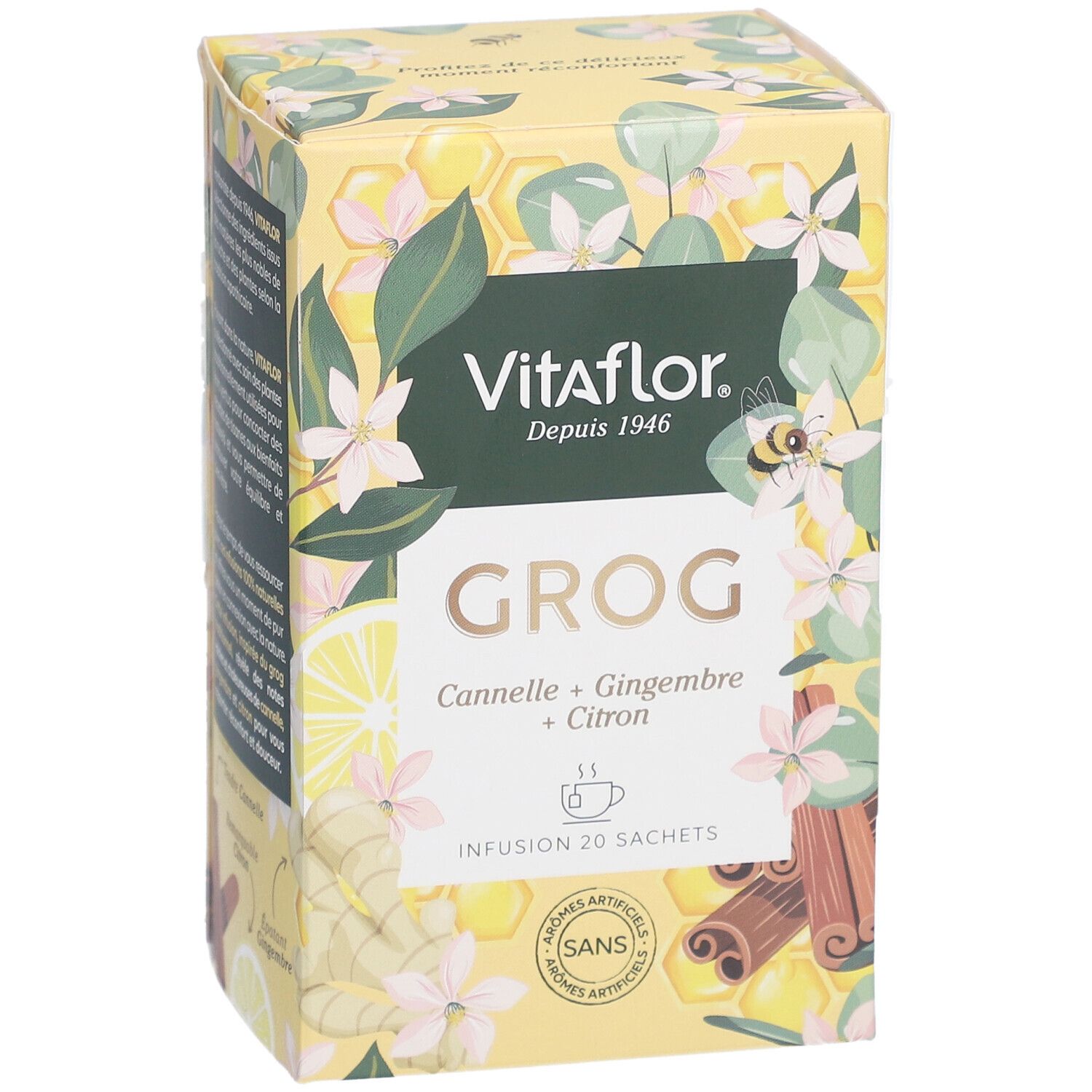 Boîte jaune Vitaflor Grog. Inscriptions : Cannelle, Gingembre, Citron. 20 sachets. Sans arômes artificiels.