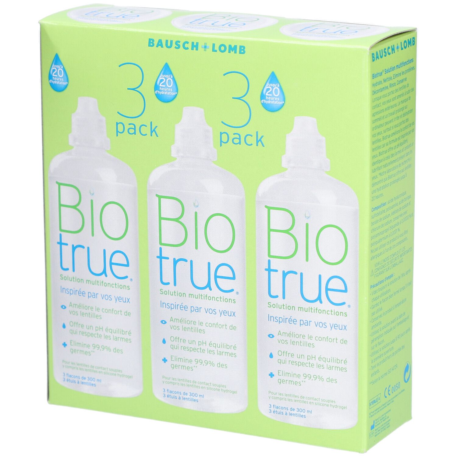 Verpakking met drie flessen. Opschrift: Bio true. Bausch + Lomb. Oplossing voor contactlenzen. Groene en witte verpakking.