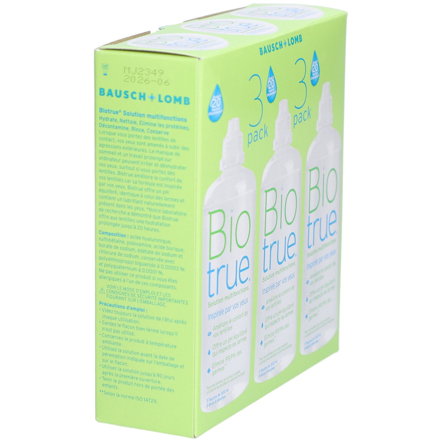 Verpakking met drie flessen. Opschrift: Bio true. Bausch + Lomb. Oplossing voor contactlenzen. Groene en witte verpakking. Zijaanzicht.