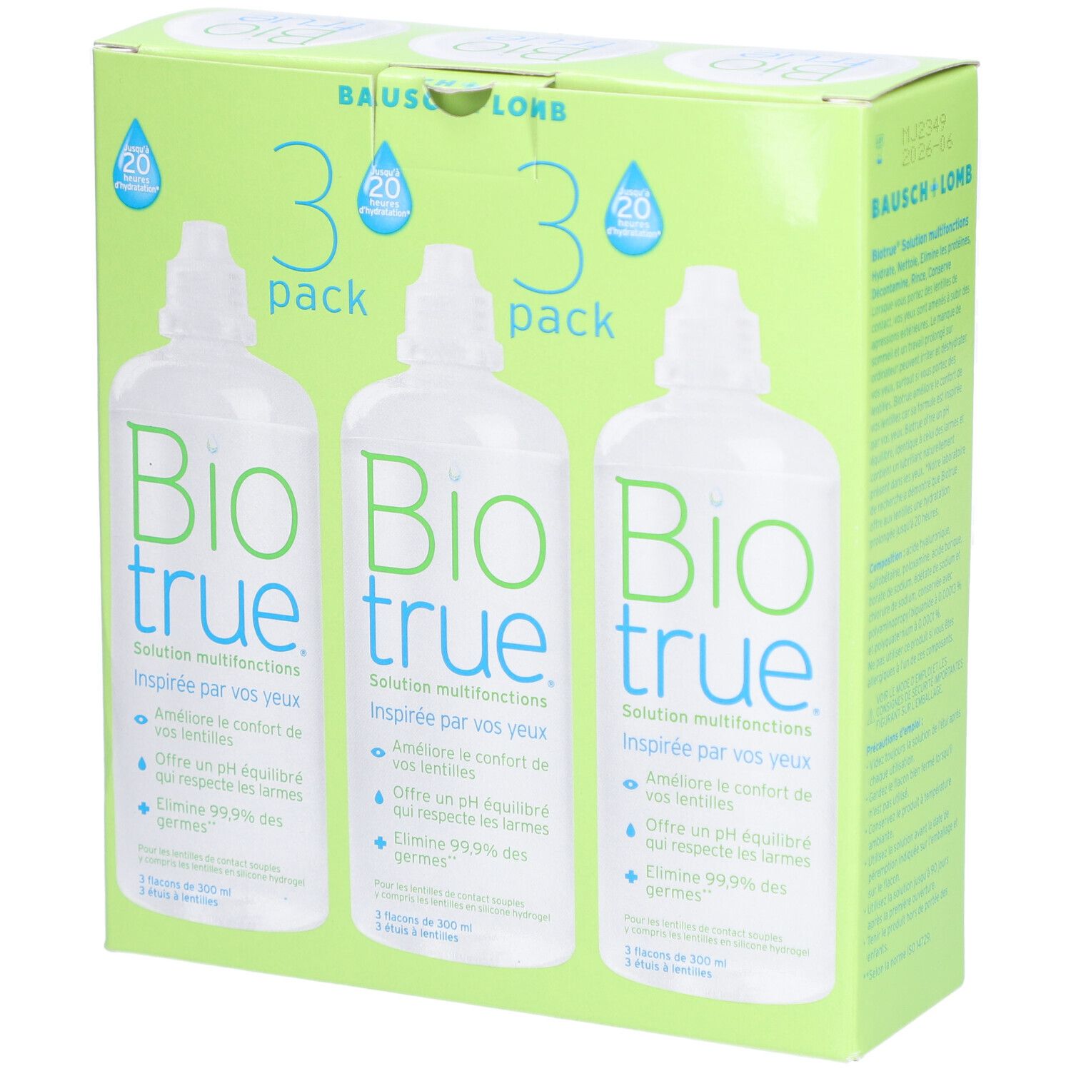 Verpakking met drie flessen. Opschrift: Bio true. Bausch + Lomb. Oplossing voor contactlenzen. Groene en witte verpakking.