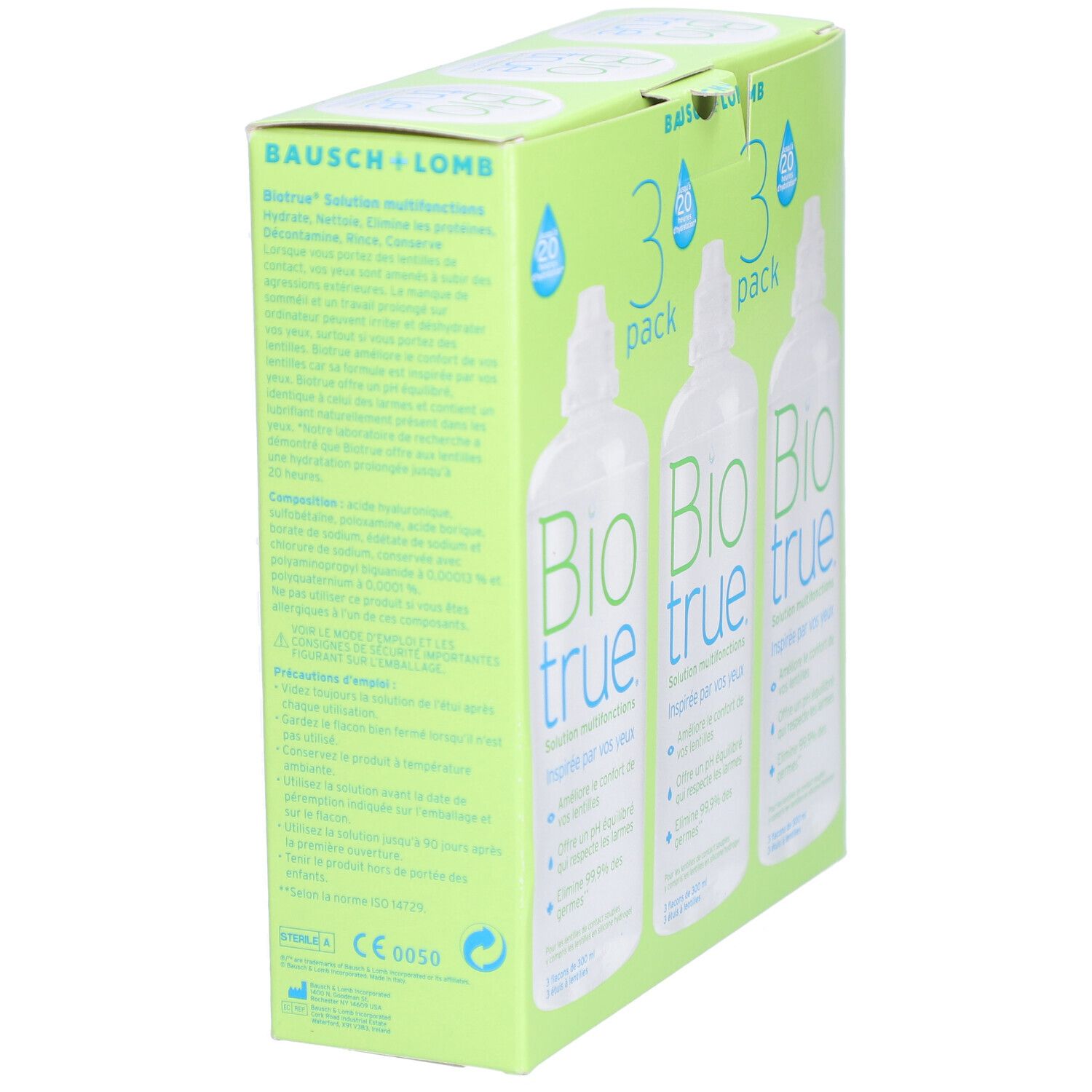 Verpakking met drie flessen. Opschrift: Bio true. Bausch + Lomb. Oplossing voor contactlenzen. Groene en witte verpakking. Zijaanzicht.