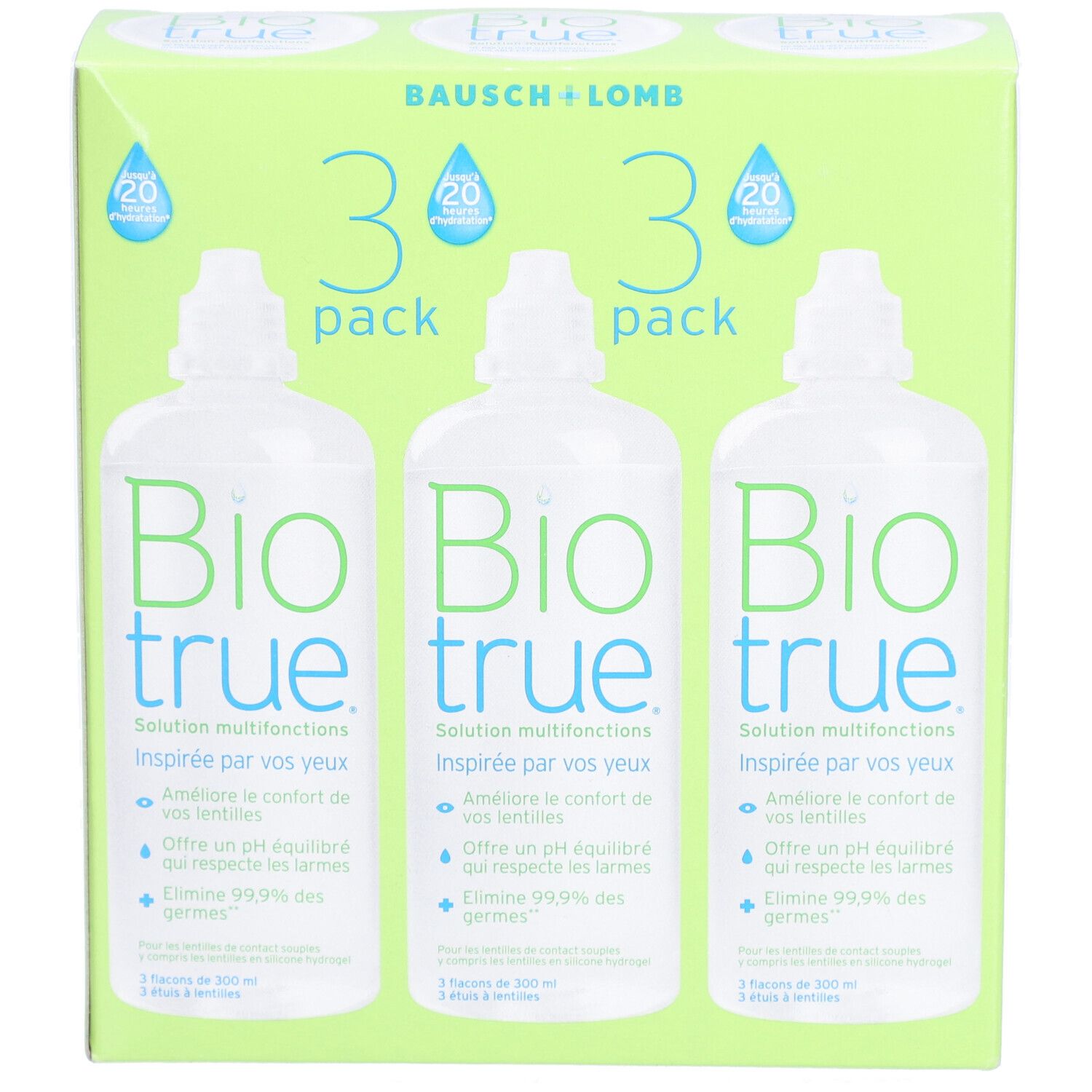 Verpakking met drie flessen. Opschrift: Bio true. Bausch + Lomb. Oplossing voor contactlenzen. Groene en witte verpakking.