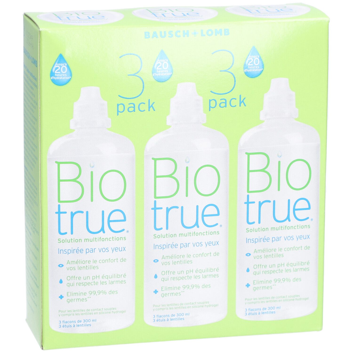 Verpakking met drie flessen. Opschrift: Bio true. Bausch + Lomb. Oplossing voor contactlenzen. Groene en witte verpakking.