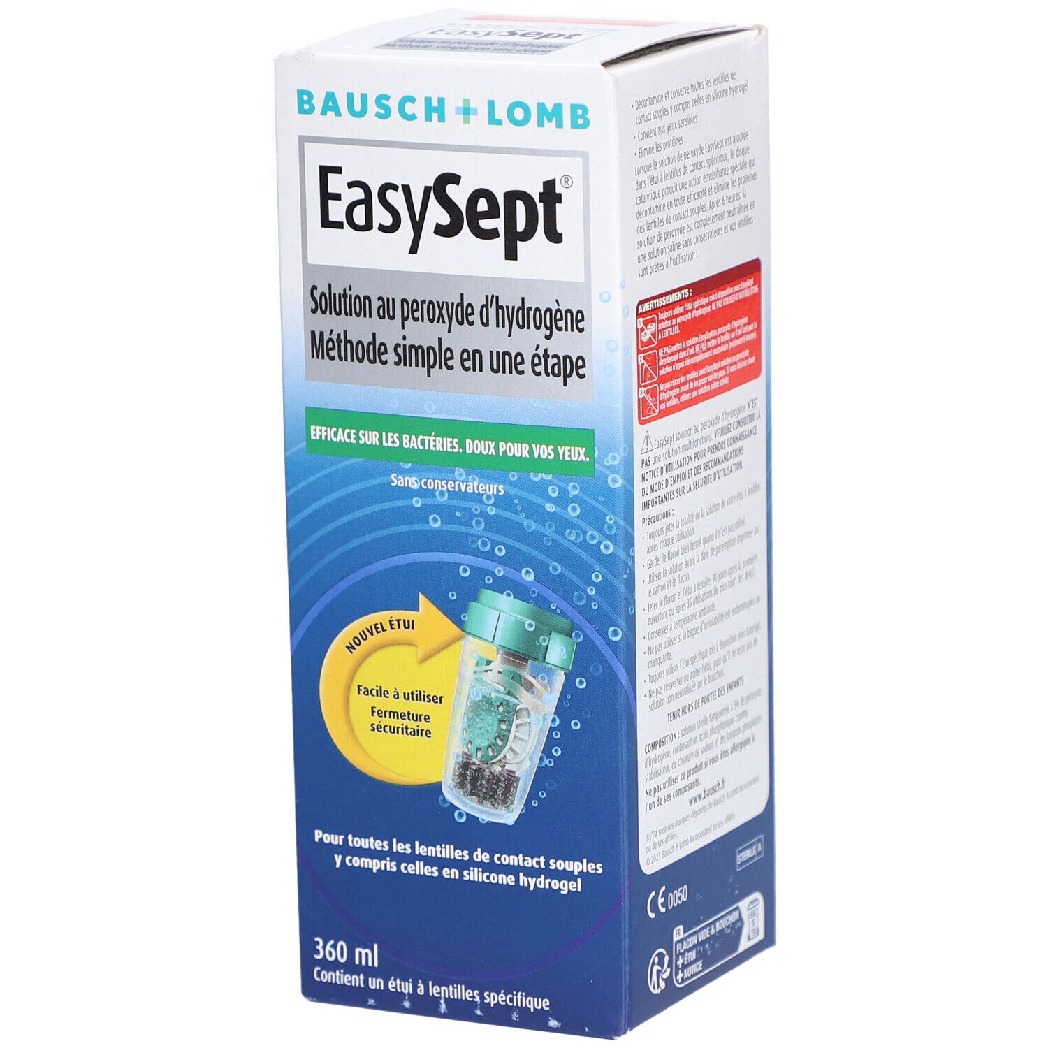Verpakking van Bausch + Lomb EasySept. Bevat een fles en een lenshouder. Tekst: Oplossing voor zachte contactlenzen.
