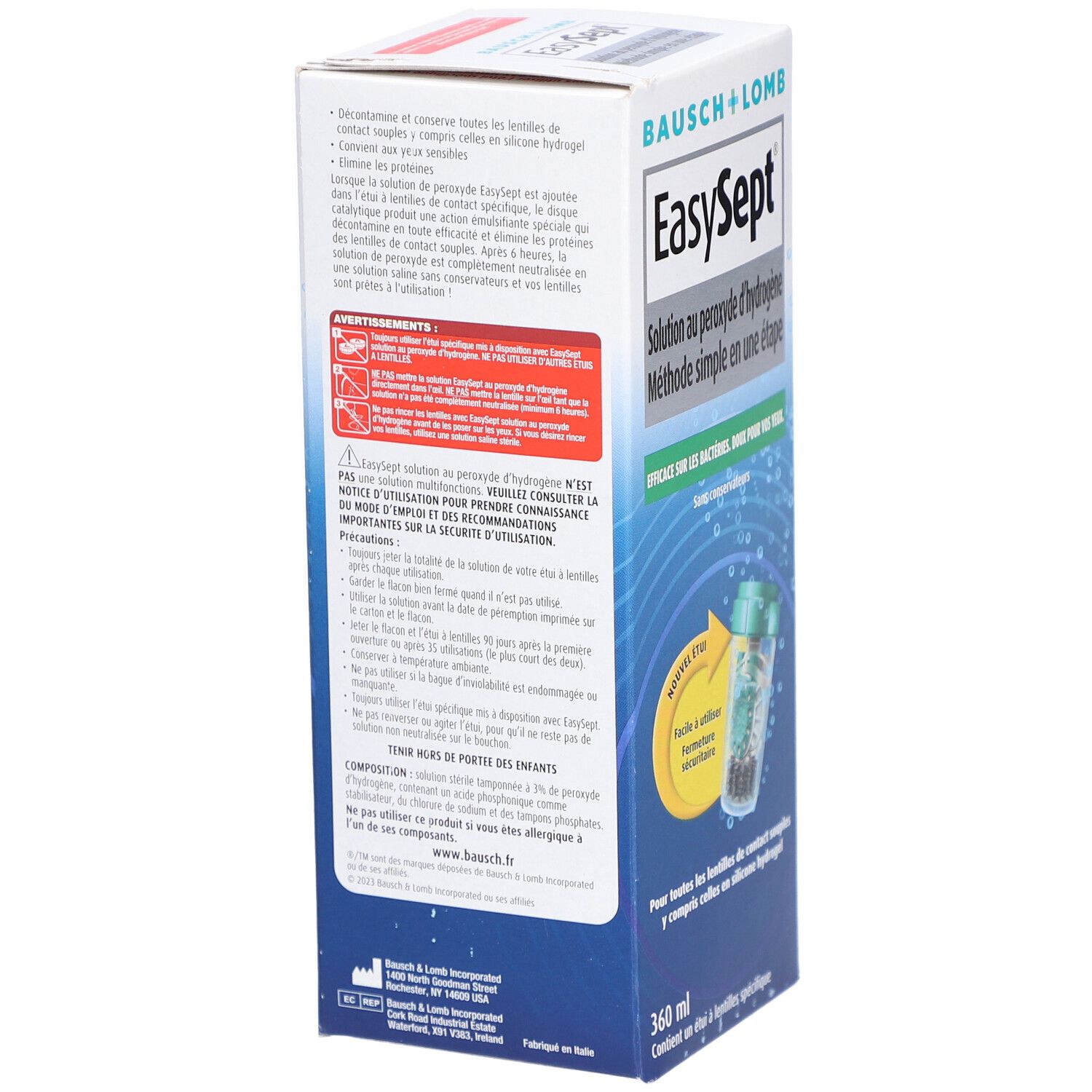 Achterkant van de EasySept-verpakking. Tekstgedeeltes over gebruik en voorzorgsmaatregelen. Bevat een fles en een houder.