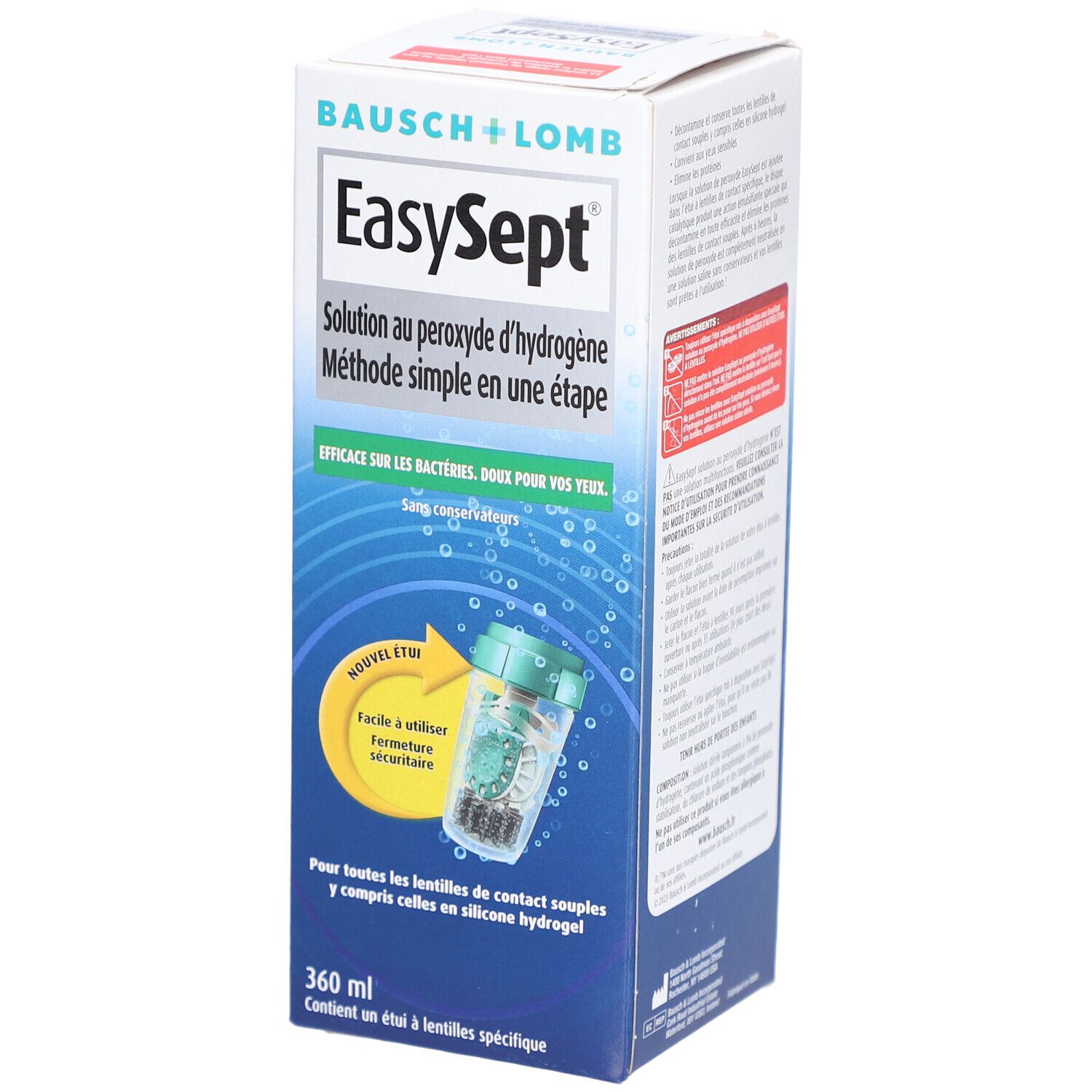 Verpakking van Bausch + Lomb EasySept. Bevat een fles en een lenshouder. Tekst: Oplossing voor zachte contactlenzen.