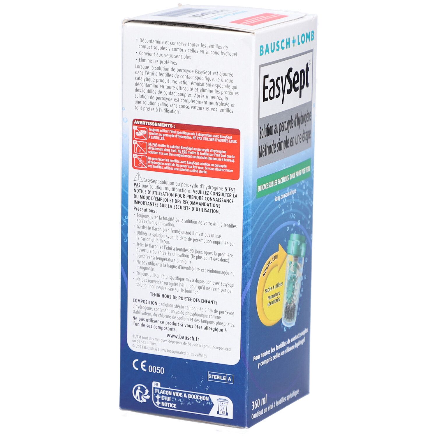 Achterkant van de EasySept-verpakking. Tekstgedeeltes over gebruik en voorzorgsmaatregelen. Bevat een fles en een houder.