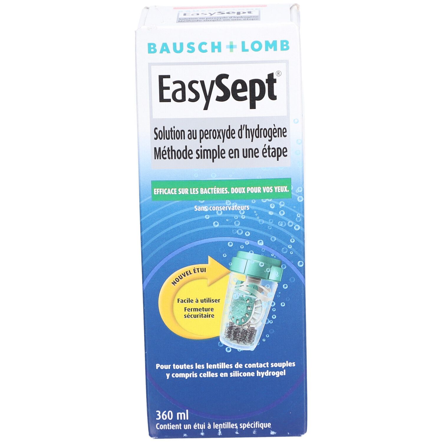 Verpakking van Bausch + Lomb EasySept. Bevat een fles en een lenshouder. Tekst: Oplossing voor zachte contactlenzen.