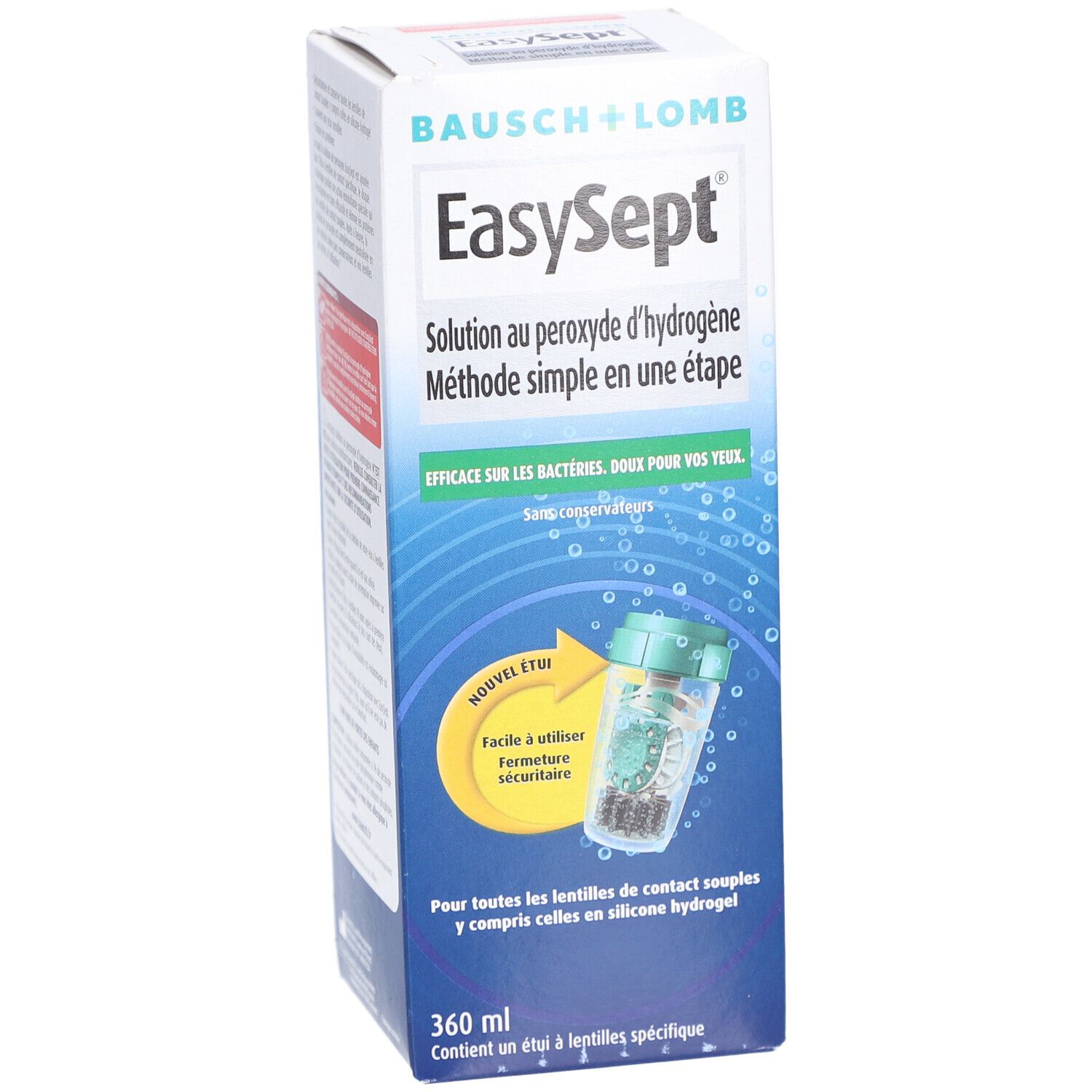 Verpakking van Bausch + Lomb EasySept. Bevat een fles en een lenshouder. Tekst: Oplossing voor zachte contactlenzen.
