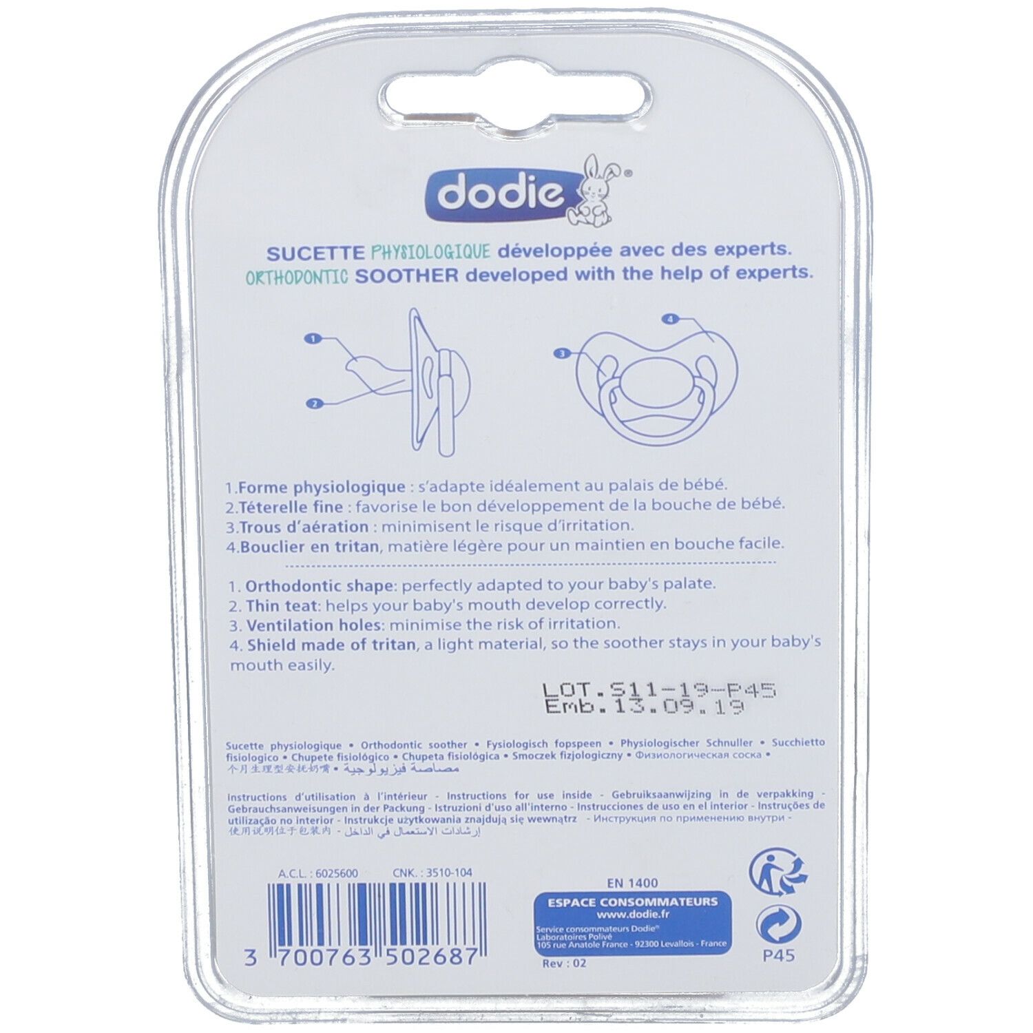 Dos de l'emballage blister avec informations produit et marque Dodie. Texte multilingue.