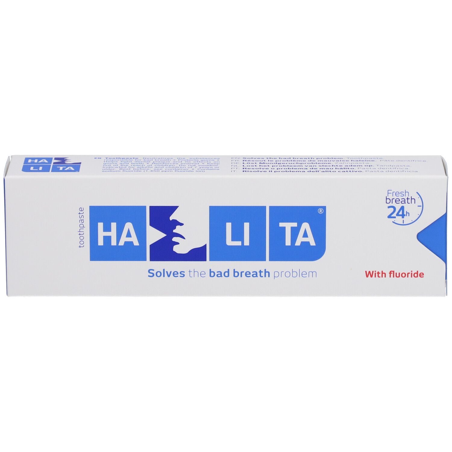 Boîte de dentifrice blanche et bleue. Inscription HALITA, avec fluor. Résout les problèmes de mauvaise haleine. Haleine fraîche 24h.