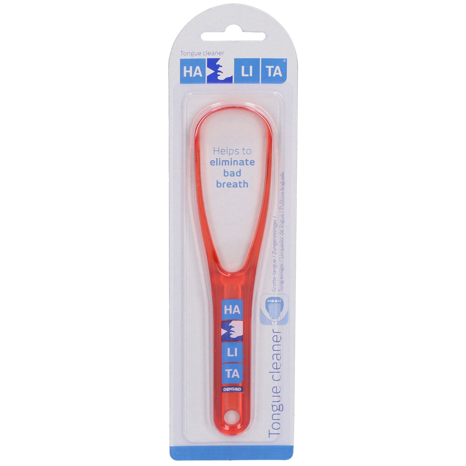 HALITA® Zungenreiniger en blister. Raclette en plastique rouge avec manche et logo.