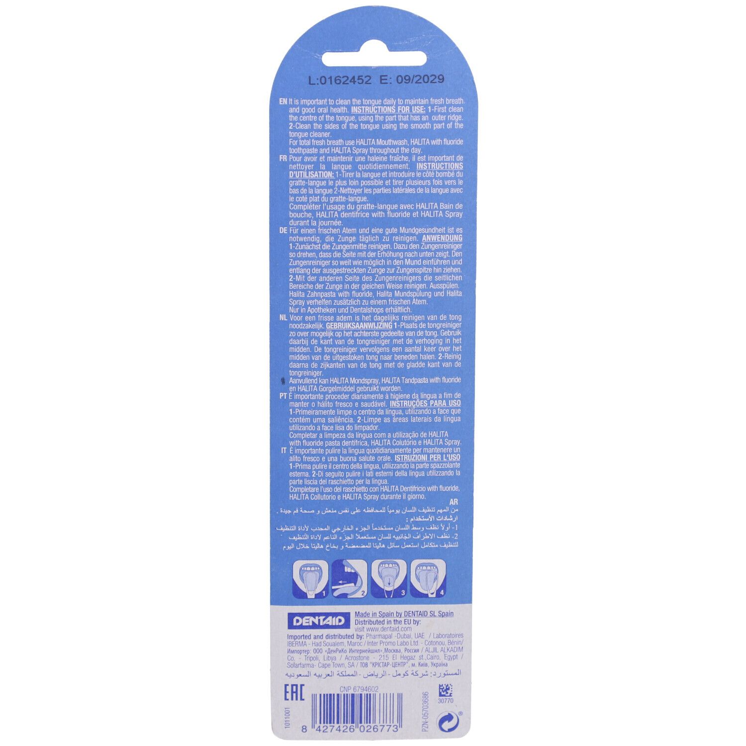 Dos de l'emballage du HALITA® Zungenreiniger. Texte avec instructions en plusieurs langues.