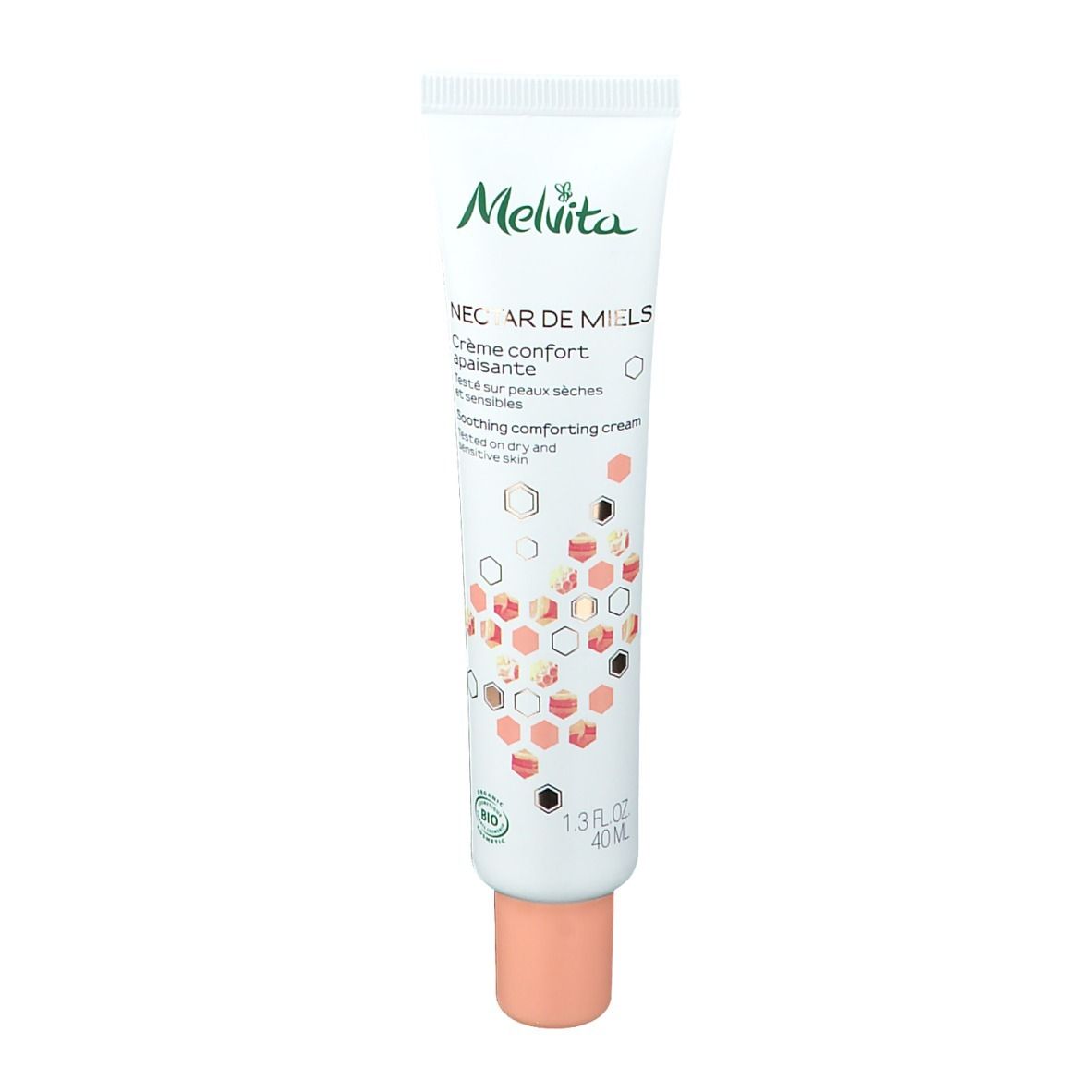 Crèmetube met groen logo en tekst. Opschrift: Nectar de Miels, Crème confort apaisante. 40ml.