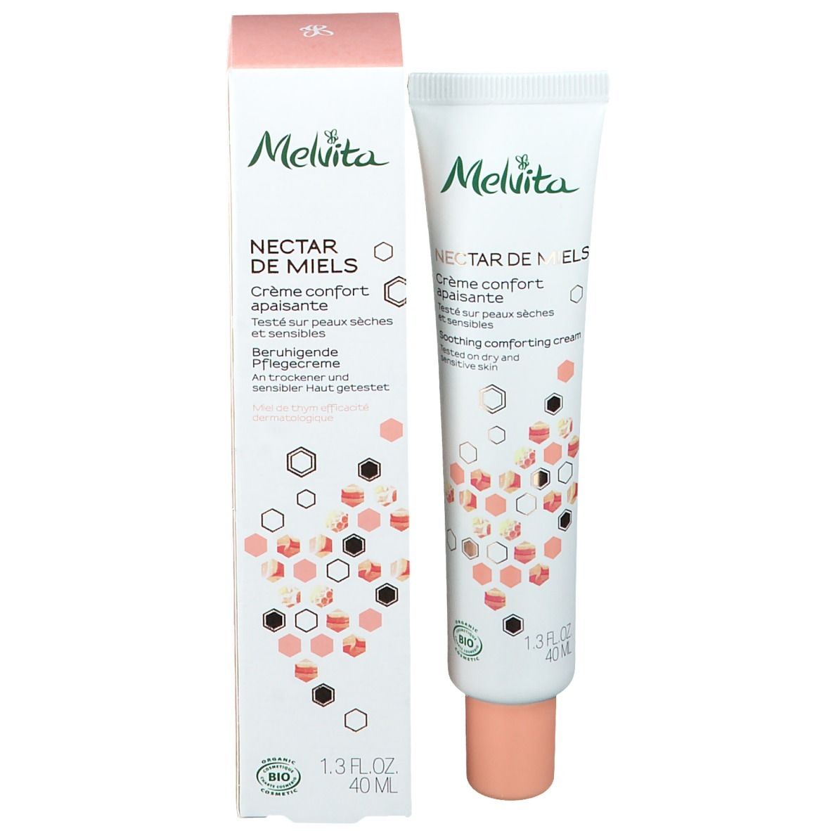 Crèmetube en doosje naast elkaar. Opschrift: Nectar de Miels, Crème confort apaisante. 40ml. Logo.