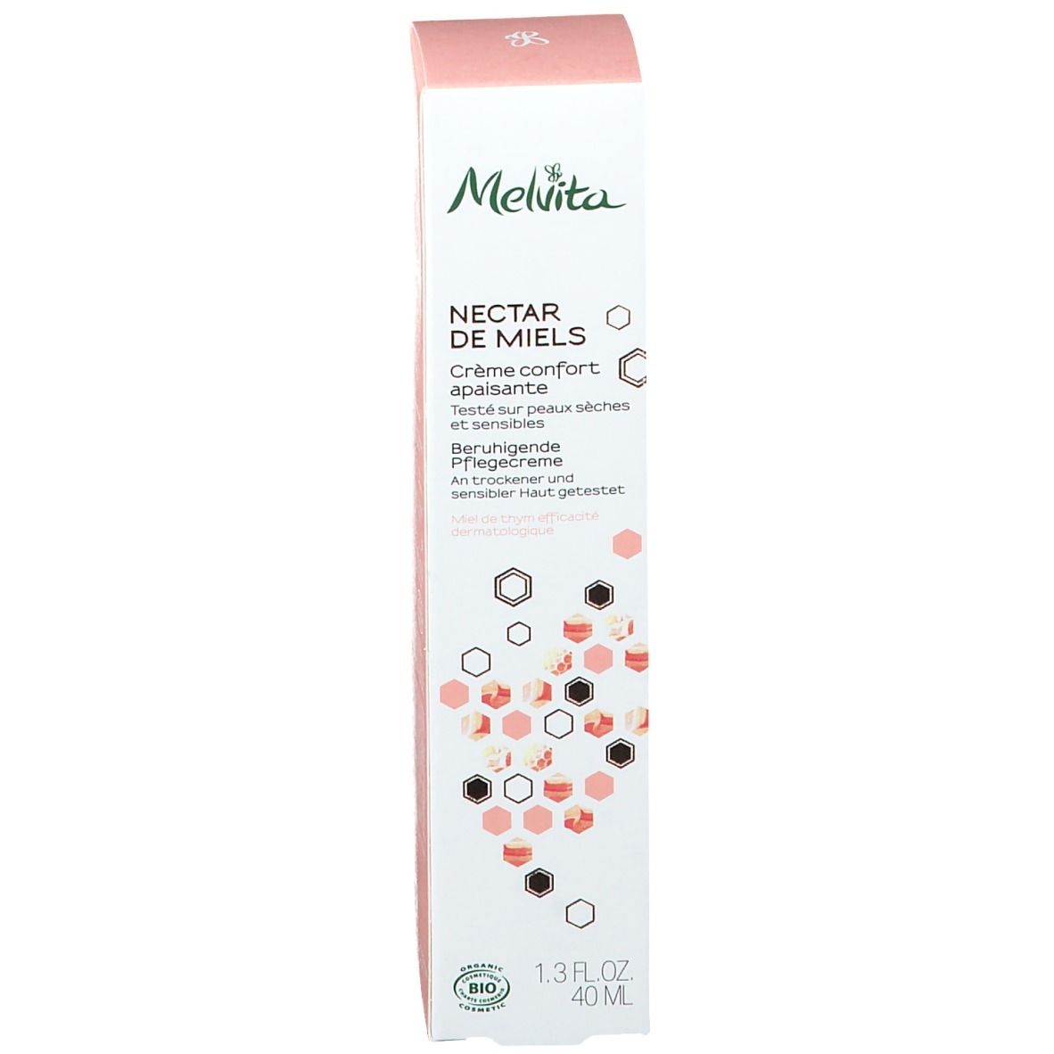 Doosje met crèmetube. Opschrift: Nectar de Miels, Crème confort apaisante. 40ml. Logo.