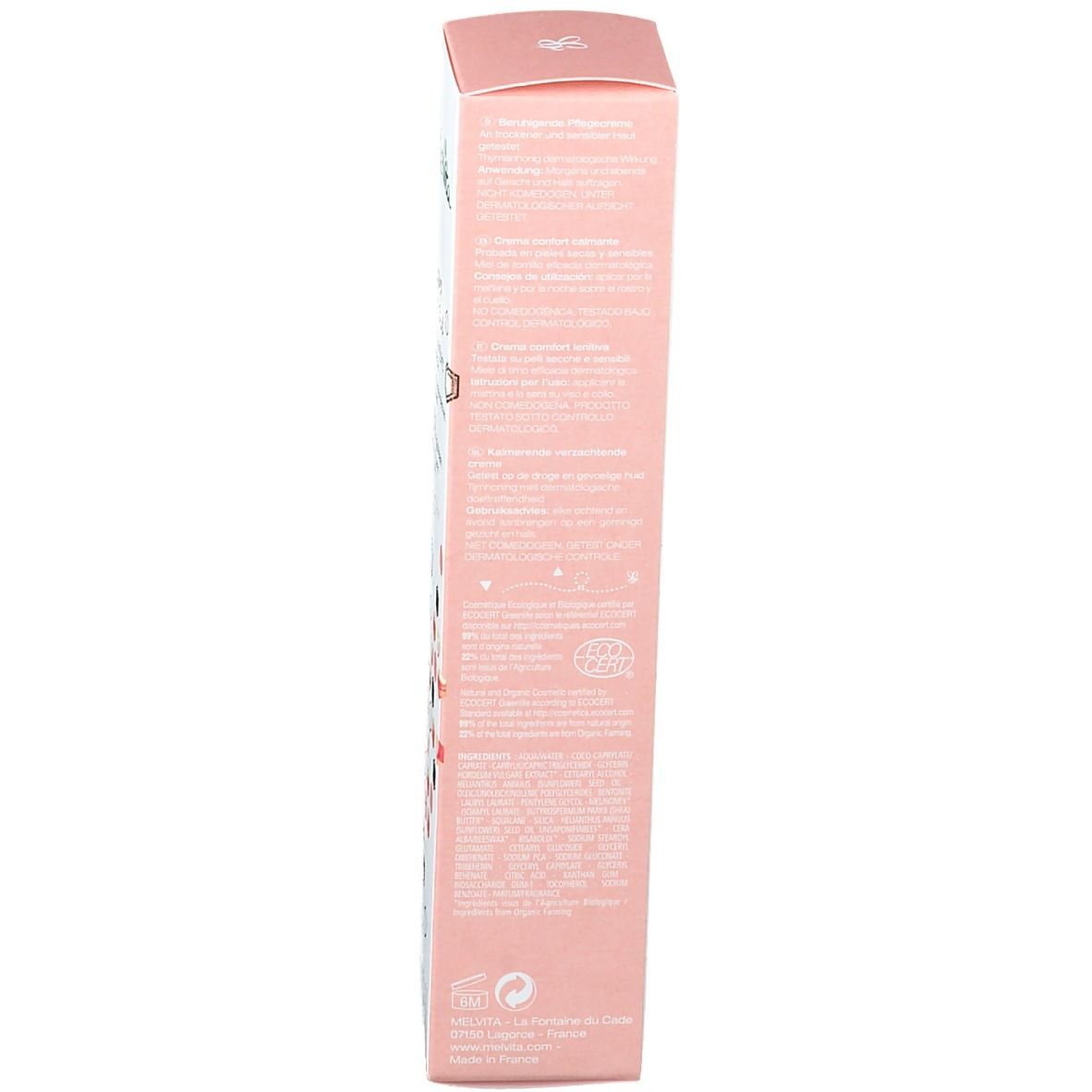 Doosje met meertalige tekst. Ecocert-logo. Roze en wit.
