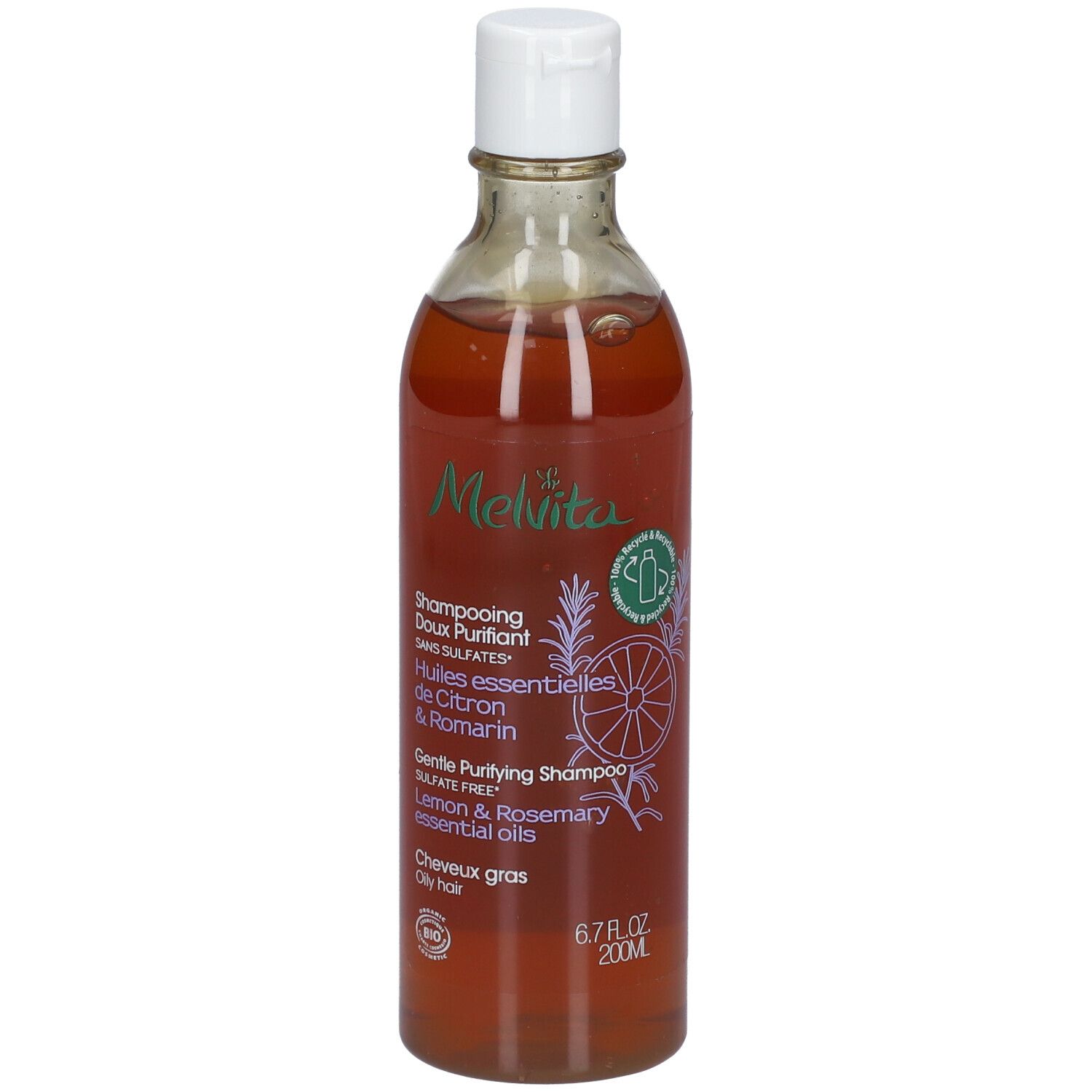 Liquide brun dans une bouteille transparente à bouchon blanc. Inscription : Melvita, Shampooing Doux Purifiant.