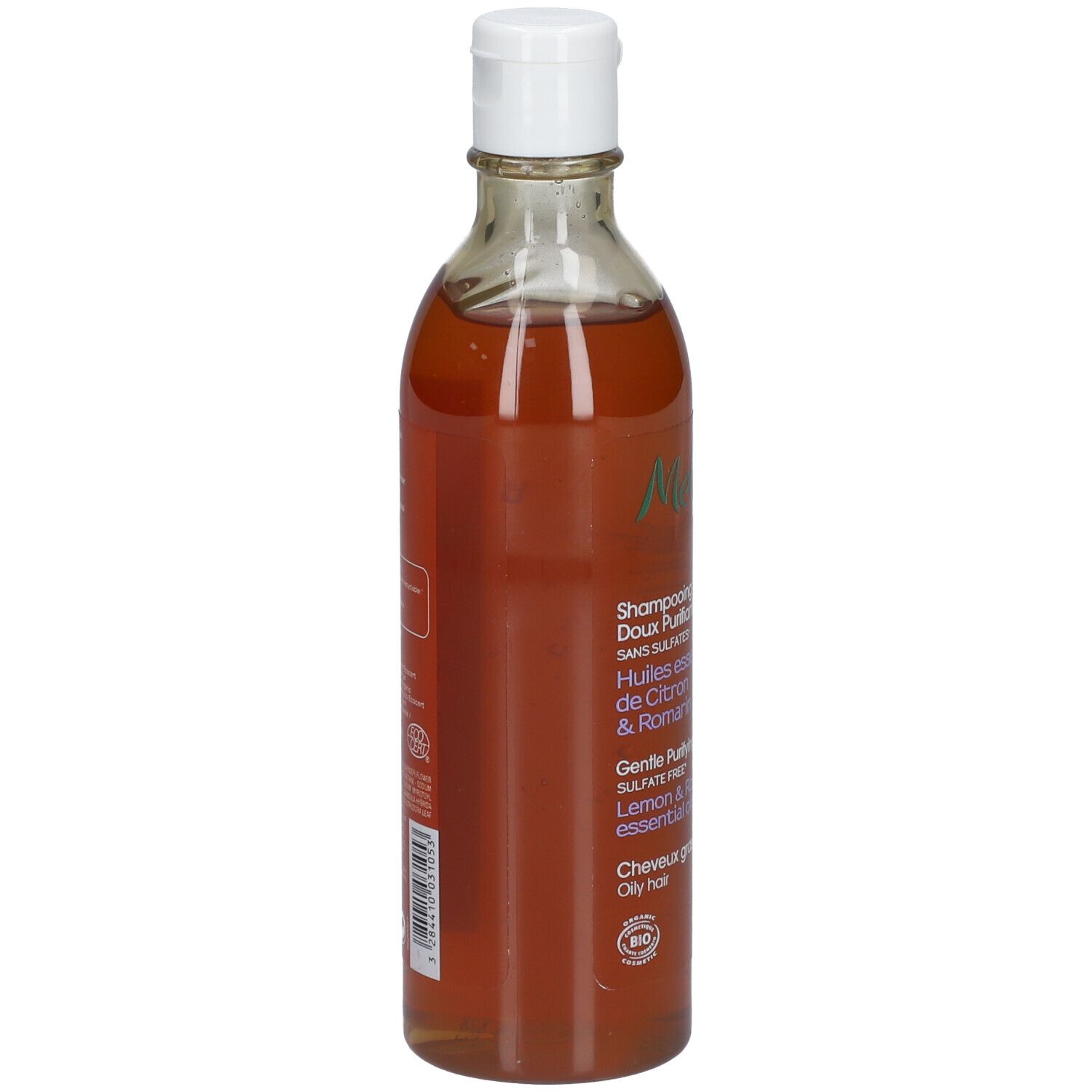 Bouteille transparente avec liquide brun et bouchon blanc. Inscription : Melvita, Shampooing Doux Purifiant.