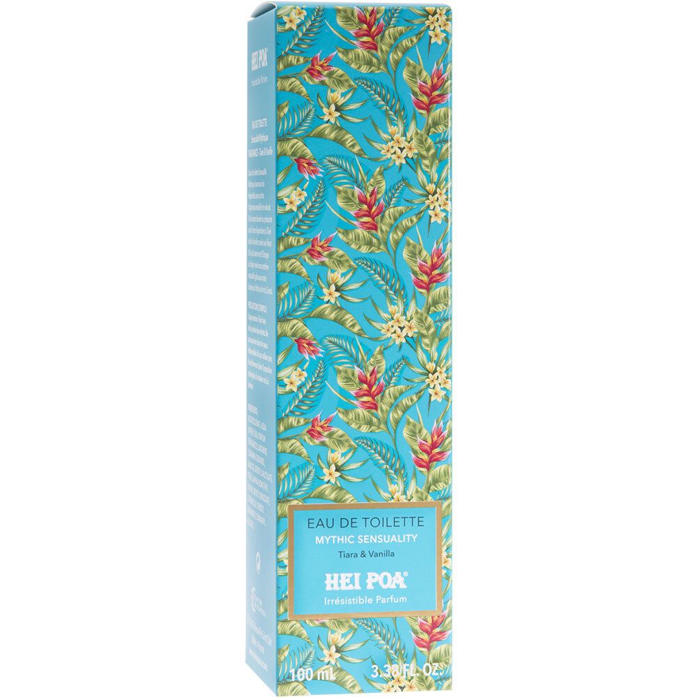 Emballage HEI POA Eau de Toilette. Inscription: Sensualité Mythique, Tiaré & Vanille. Motif floral. 100 ml.
