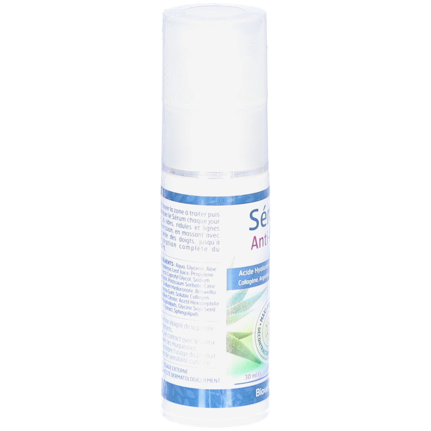 Achterkant van de BIOVEILLANCE Anti-Aging Serum fles met ingrediënten en gebruiksaanwijzing.
