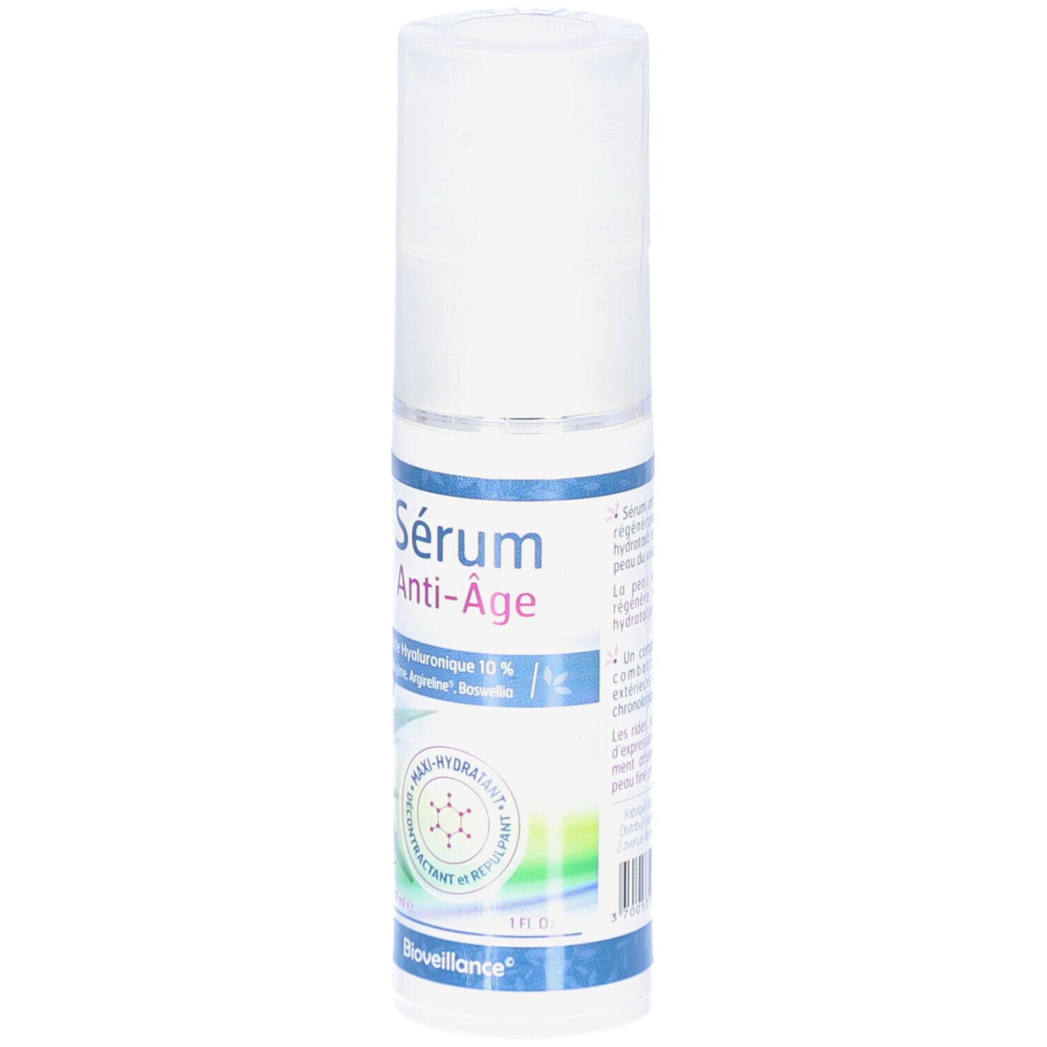 Voorkant van de BIOVEILLANCE Anti-Aging Serum fles. Bevat hyaluronzuur 10%.