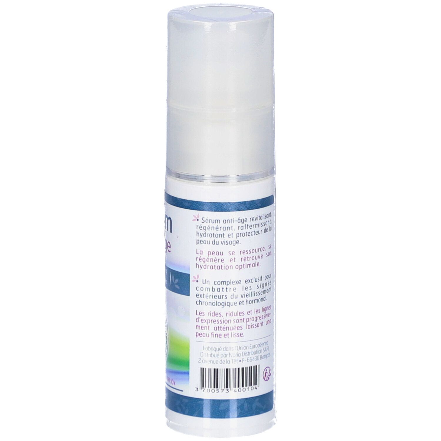Achterkant van de BIOVEILLANCE Anti-Aging Serum fles met productinformatie en barcode.