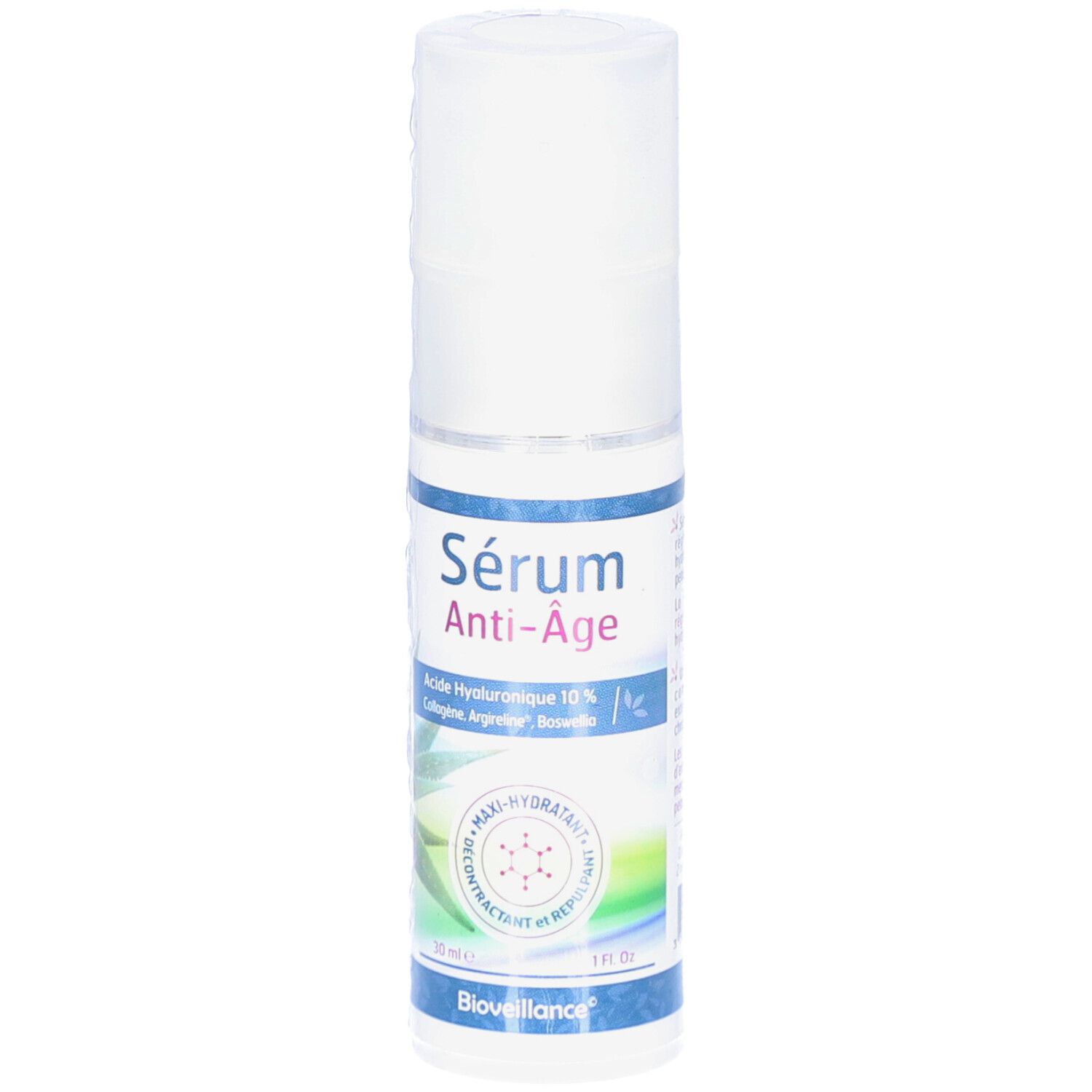 Fles BIOVEILLANCE Anti-Aging Serum met pompdispenser. 30 ml. Hyaluronzuur 10%.