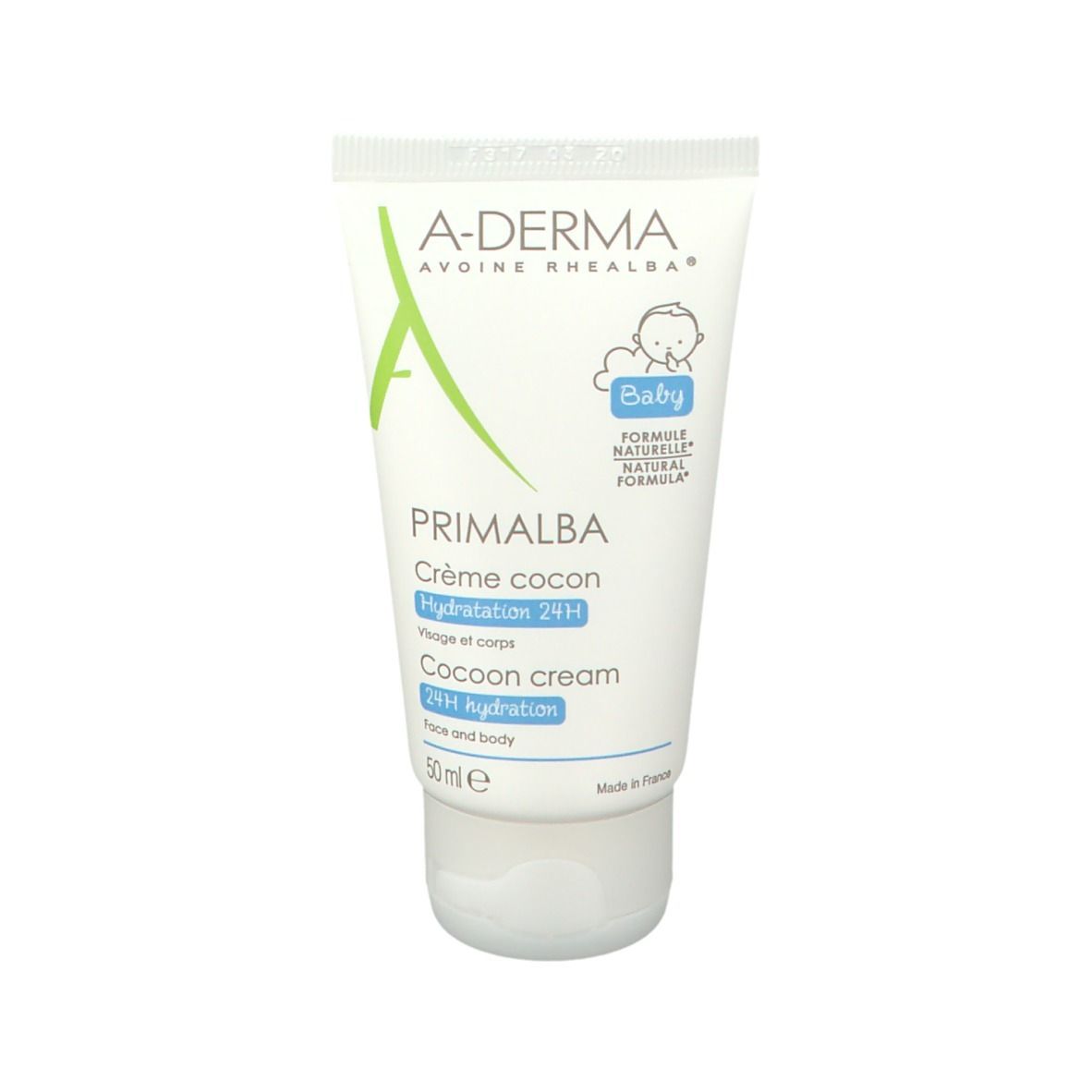 Witte tube A-DERMA. Primalba Baby Crème Cocon, 24H hydratatie. 50ml. Made in France.