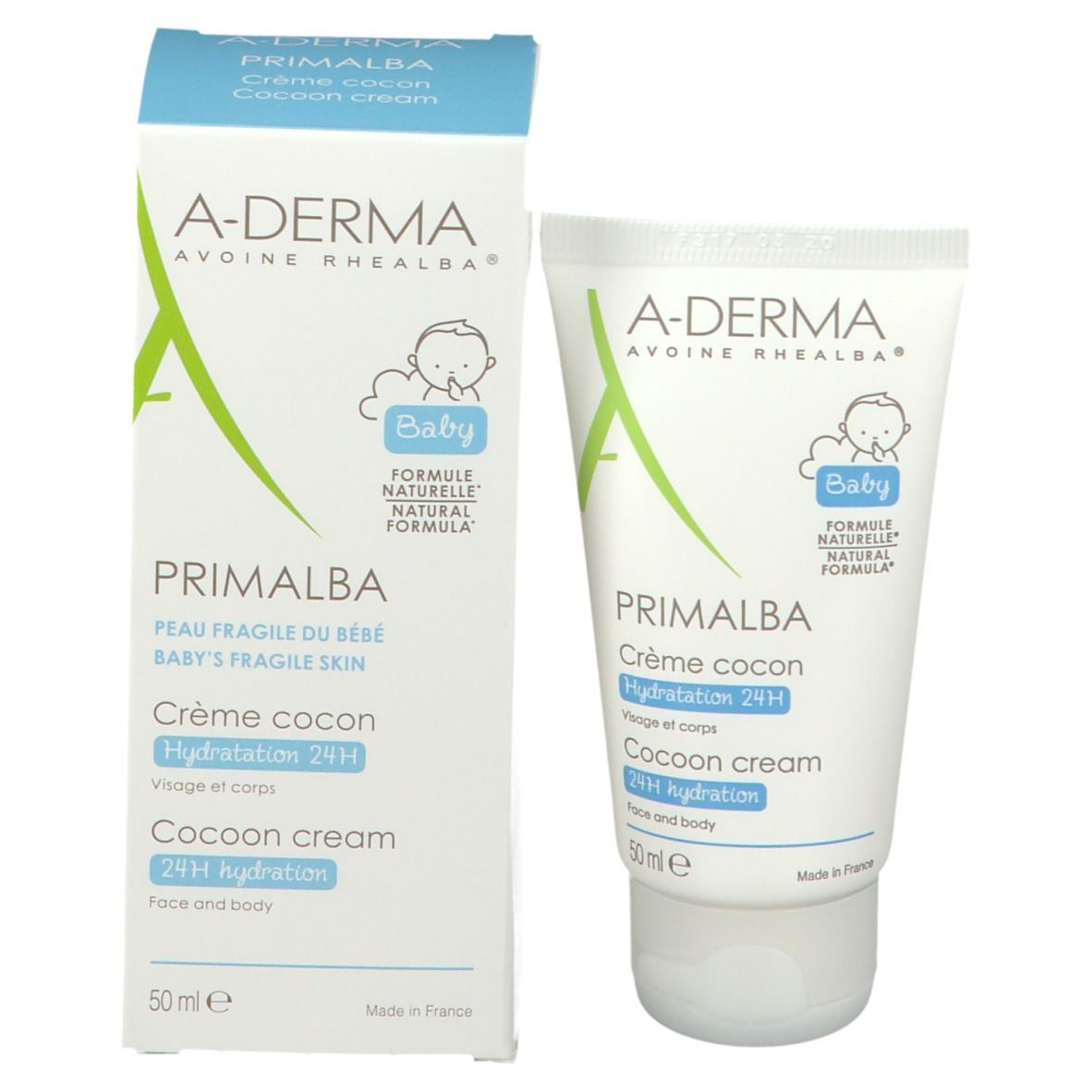 Productverpakking: doos en tube. A-DERMA Primalba Baby Crème Cocon. 50ml.