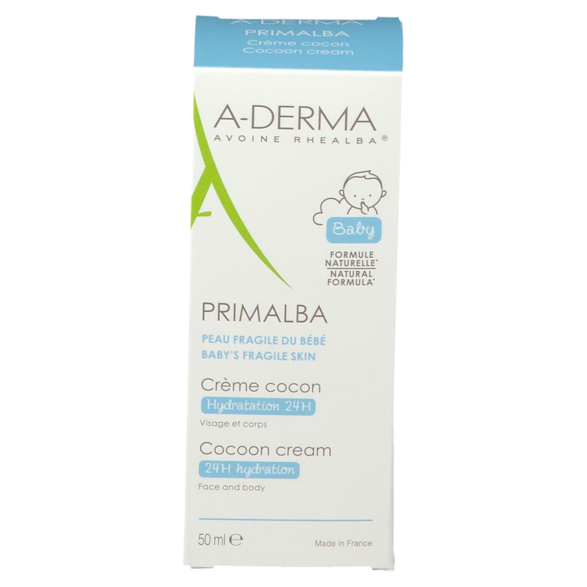 Productverpakking: doos. A-DERMA Primalba Baby Crème Cocon. 50ml.