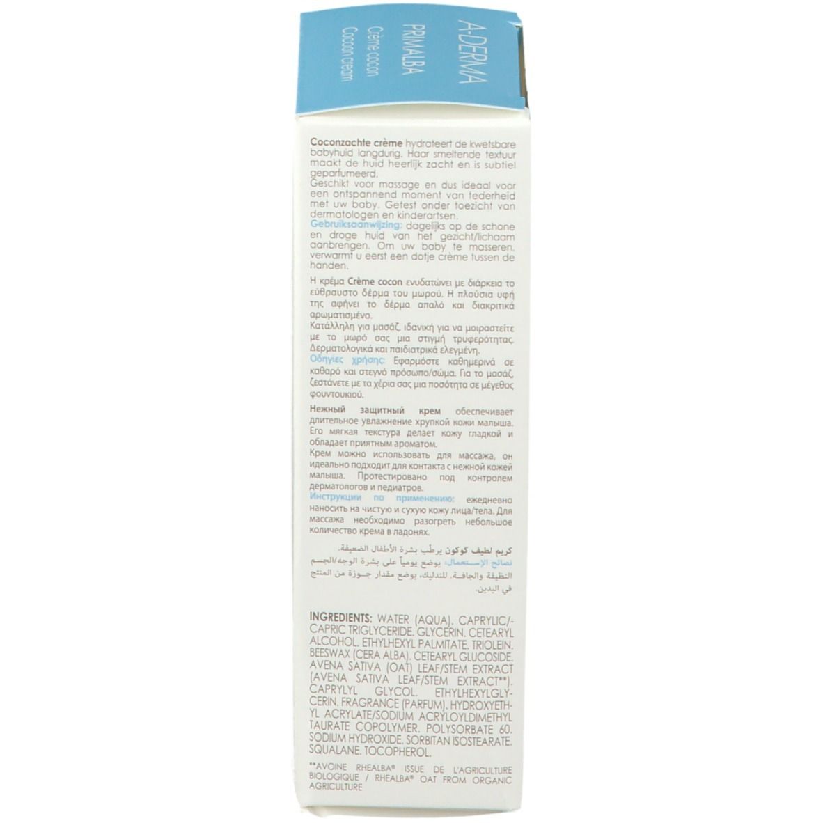 Zijkant van de productverpakking. Meertalige tekst. Ingrediënten.