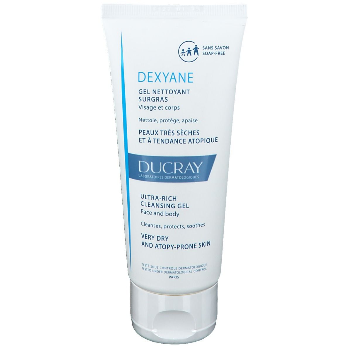 Witte tube DUCRAY DEXYANE reinigingsgel. Tekst: Gel Nettoyant Surgras, Ultra-Rich Cleansing Gel. Zonder zeep.