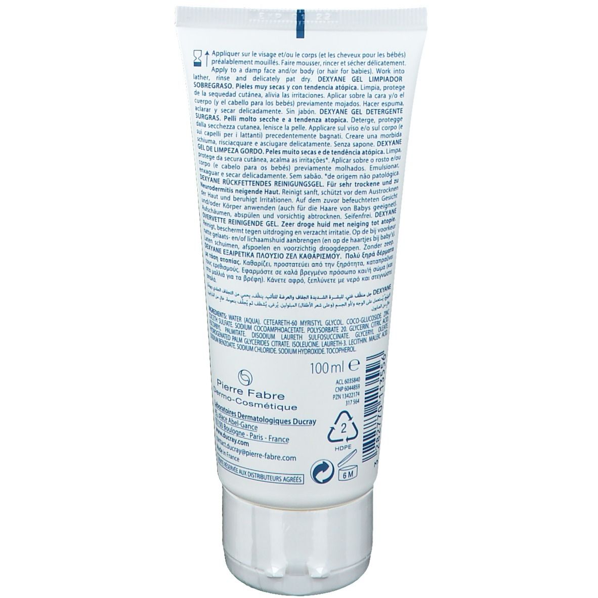 Achterkant van de witte tube met tekst en ingrediënten. 100ml. Pierre Fabre logo. Recyclingsymbolen.