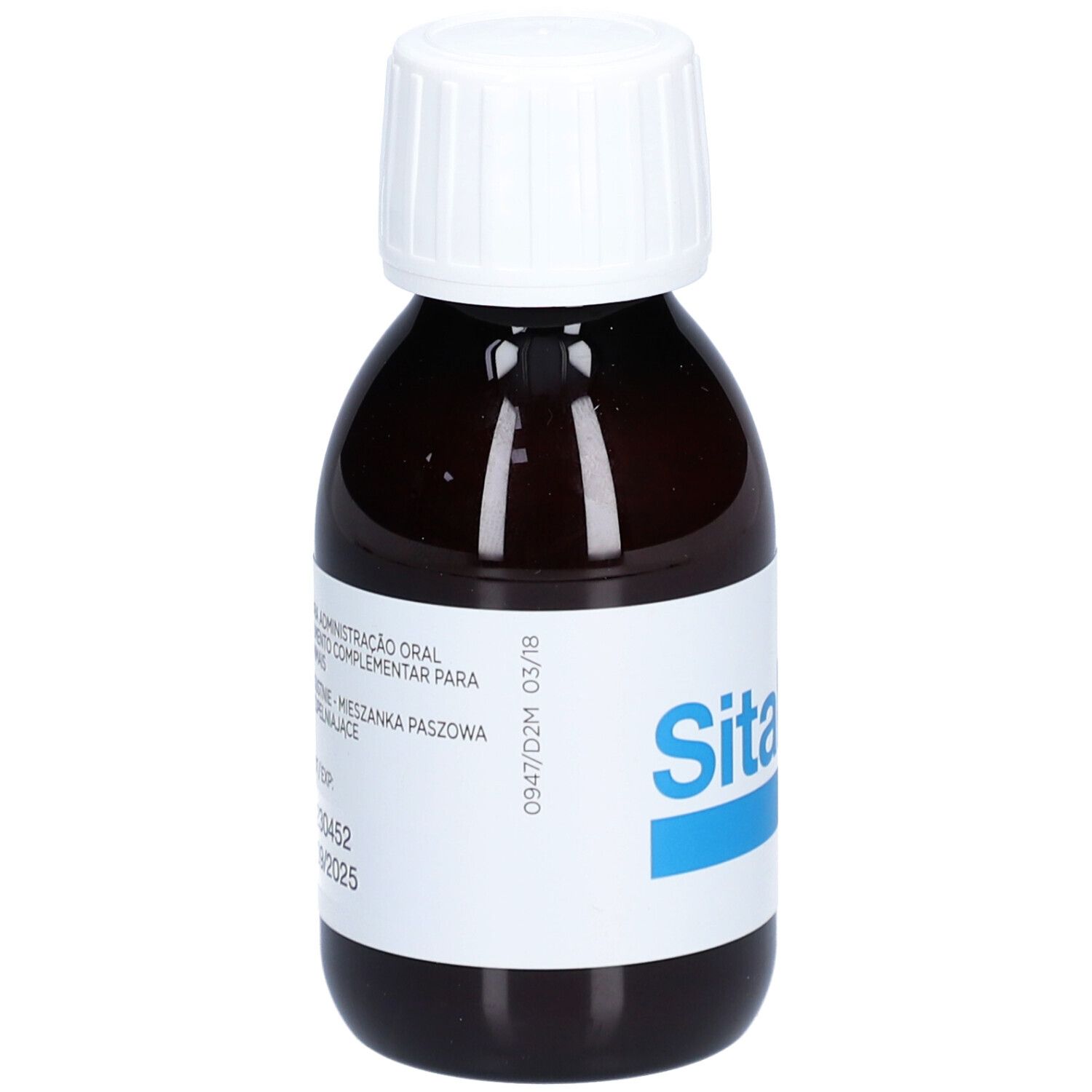 Flacon brun avec bouchon blanc. Étiquette avec nom Sitalan SE. Texte multilingue. Indication de volume 90 ml.
