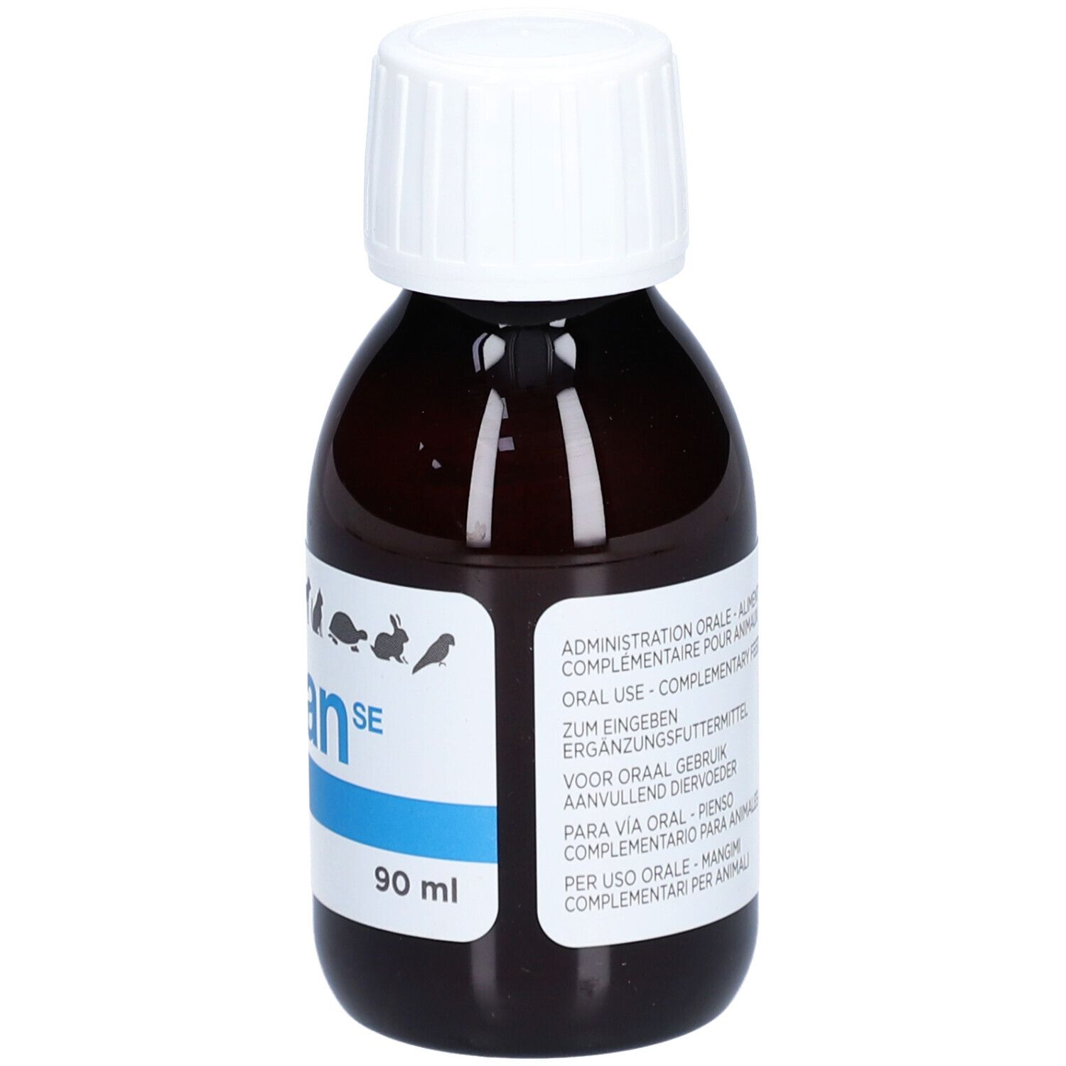 Flacon brun avec bouchon blanc. Étiquette avec nom Sitalan SE et icônes d'animaux. Indication de volume 90 ml.